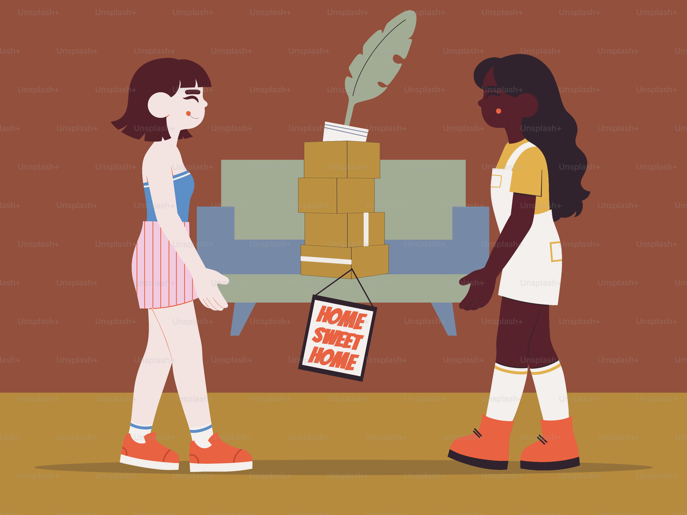 Dua wanita membawa sofa dengan tanaman dan buku.