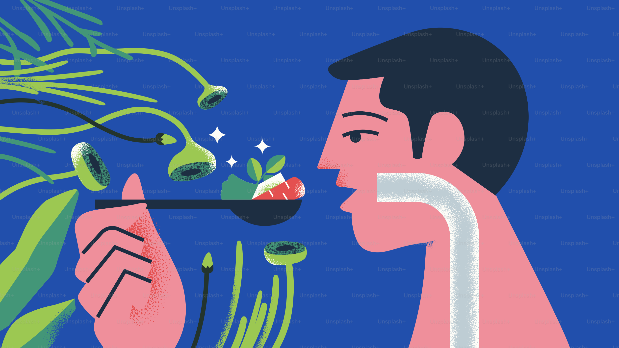 Uomo che annusa cibo su un cucchiaio con piante