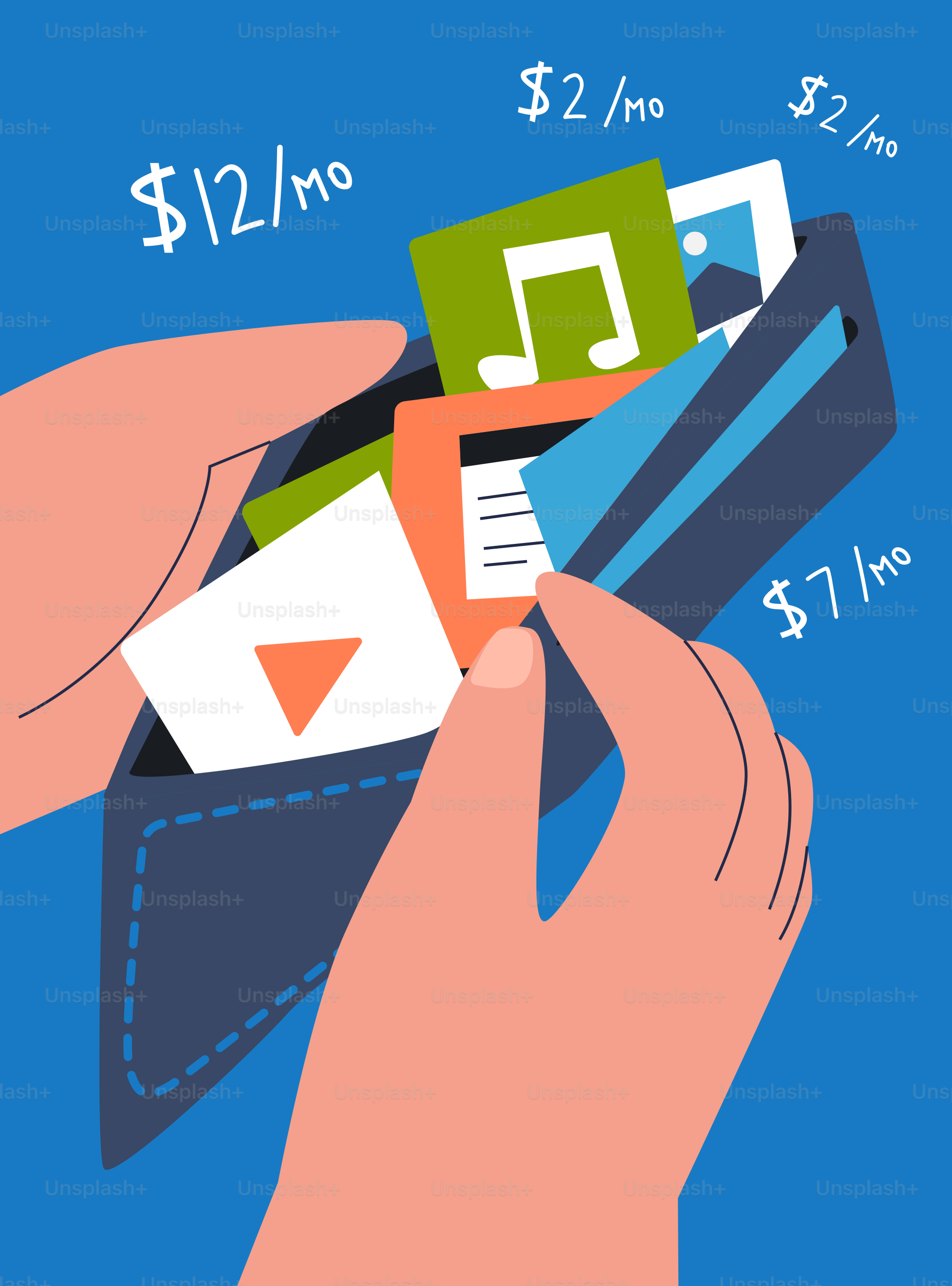 Hands holding wallet with cards and monthly costs.