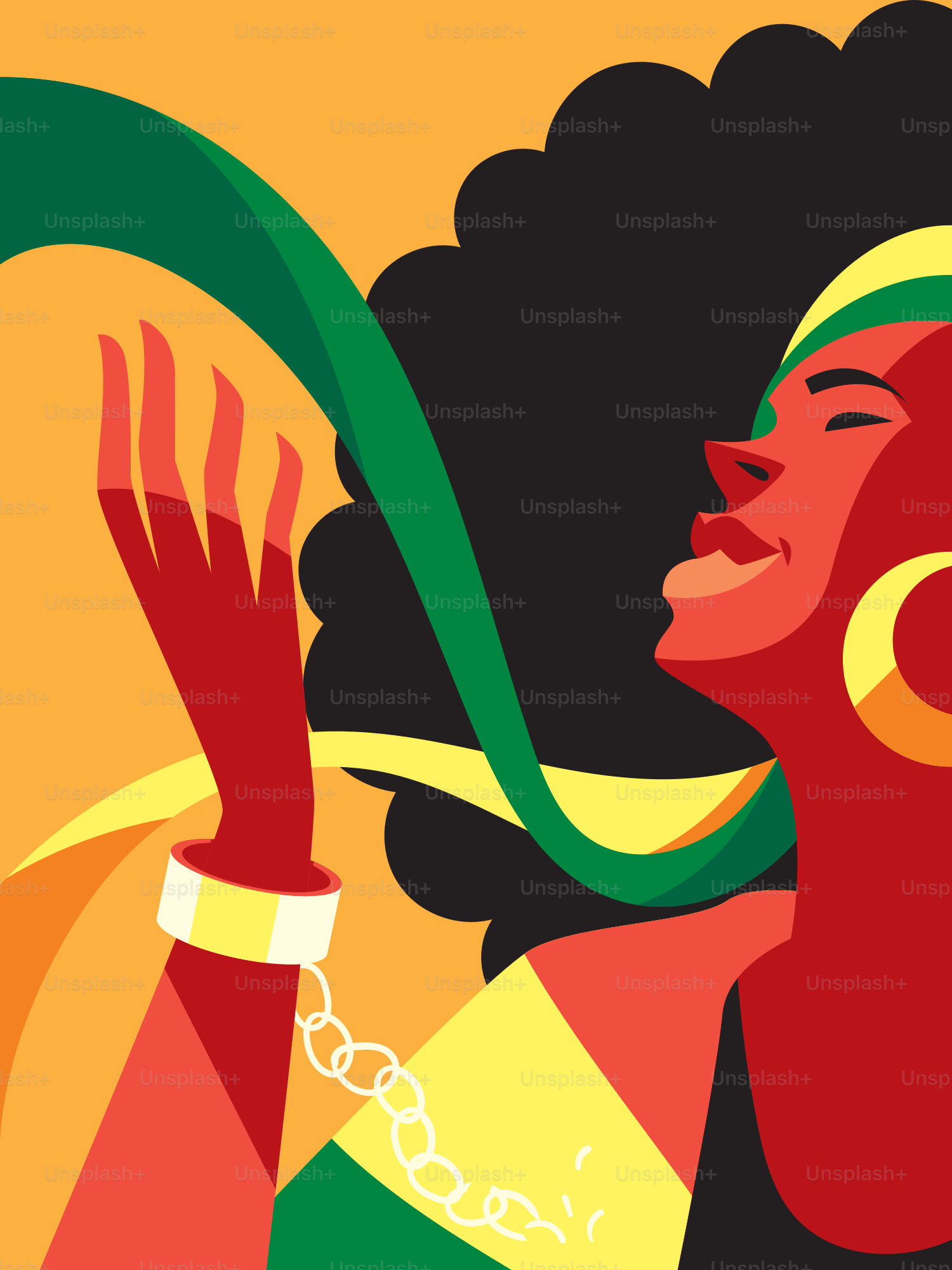 Mujer con afro y bufanda colorida celebrando