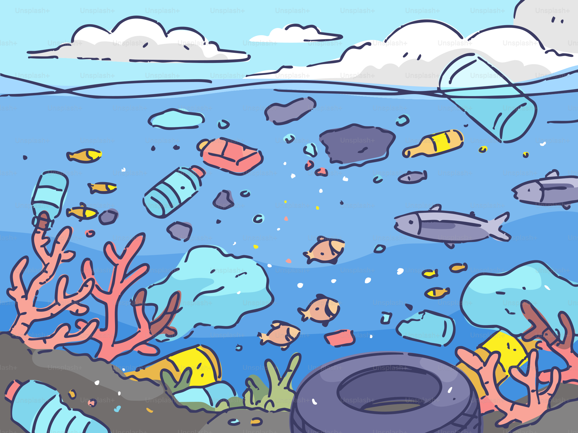 Pencemaran laut dengan botol plastik, sampah, dan ikan.