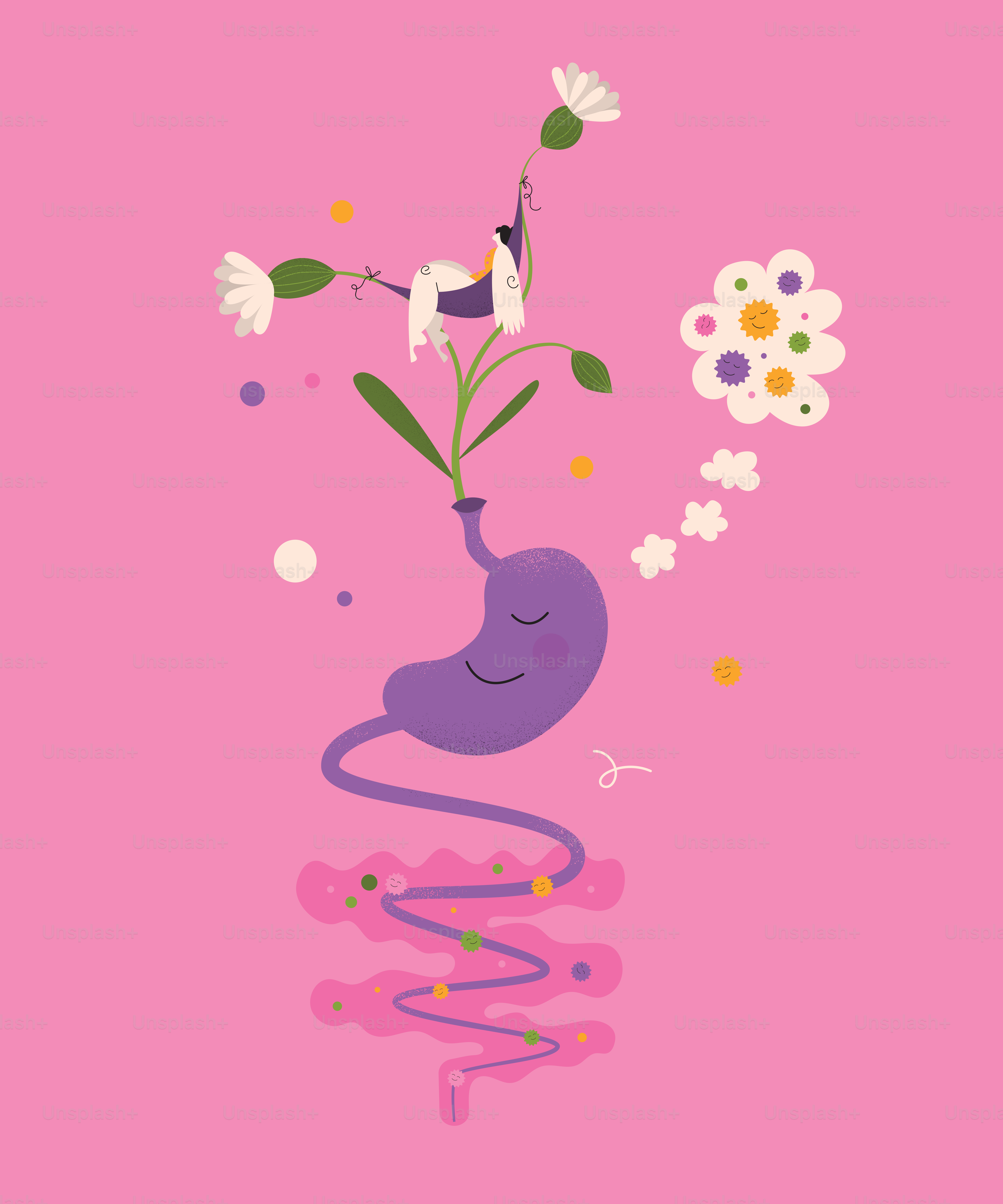 Estomac et intestins de dessin animé avec des fleurs et des points