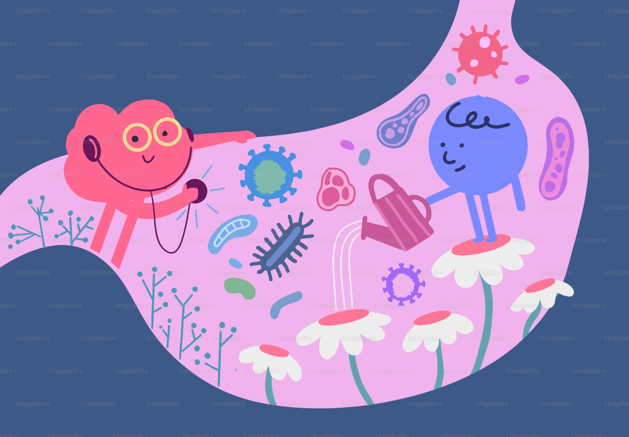 Cartoon characters tending to microbes in a stomach garden.