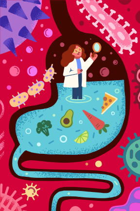 Scientist examining stomach contents with food and microbes.