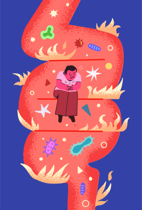 Person experiencing abdominal pain with inflammation and microbes
