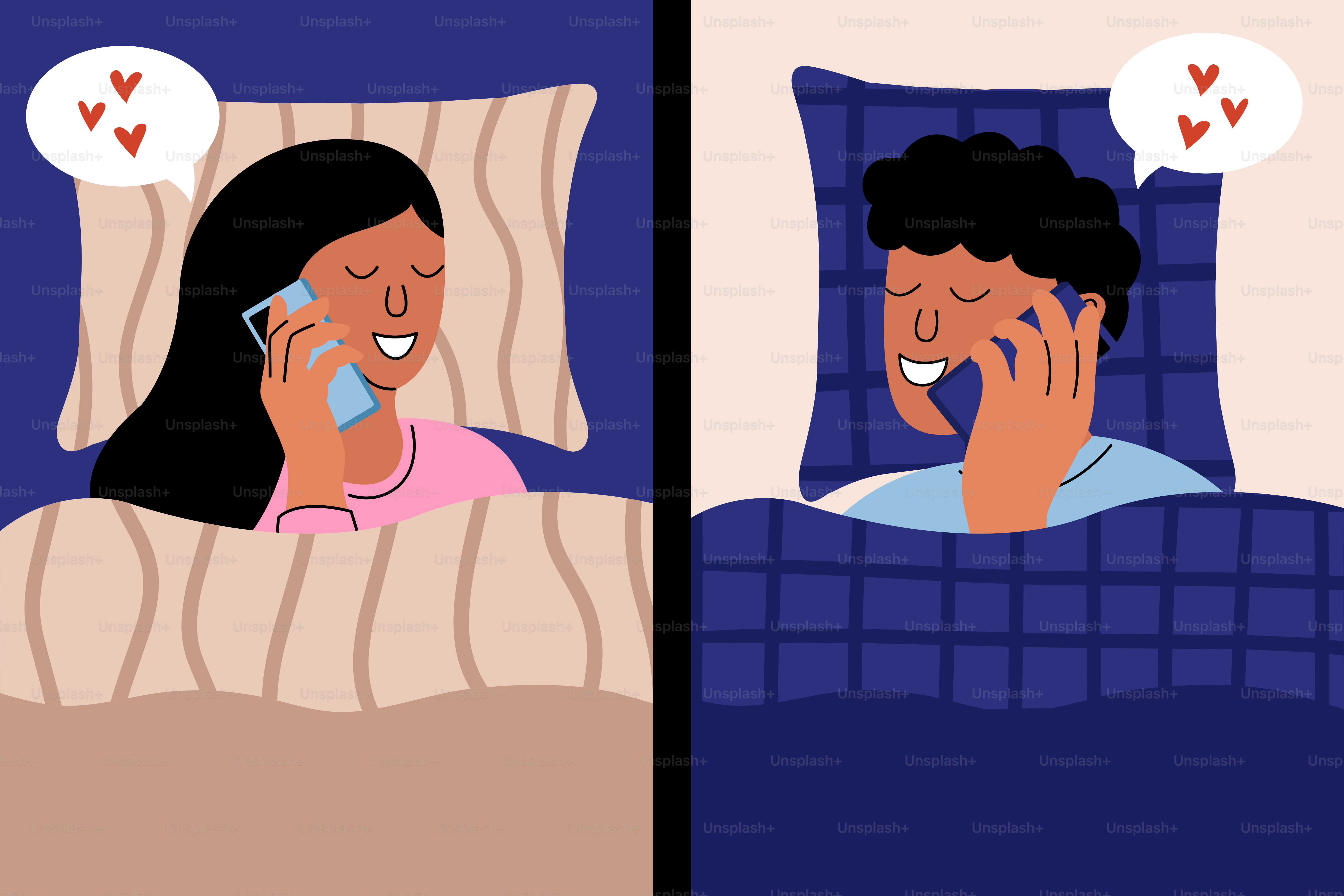 Pasangan berbicara di telepon di tempat tidur di malam hari