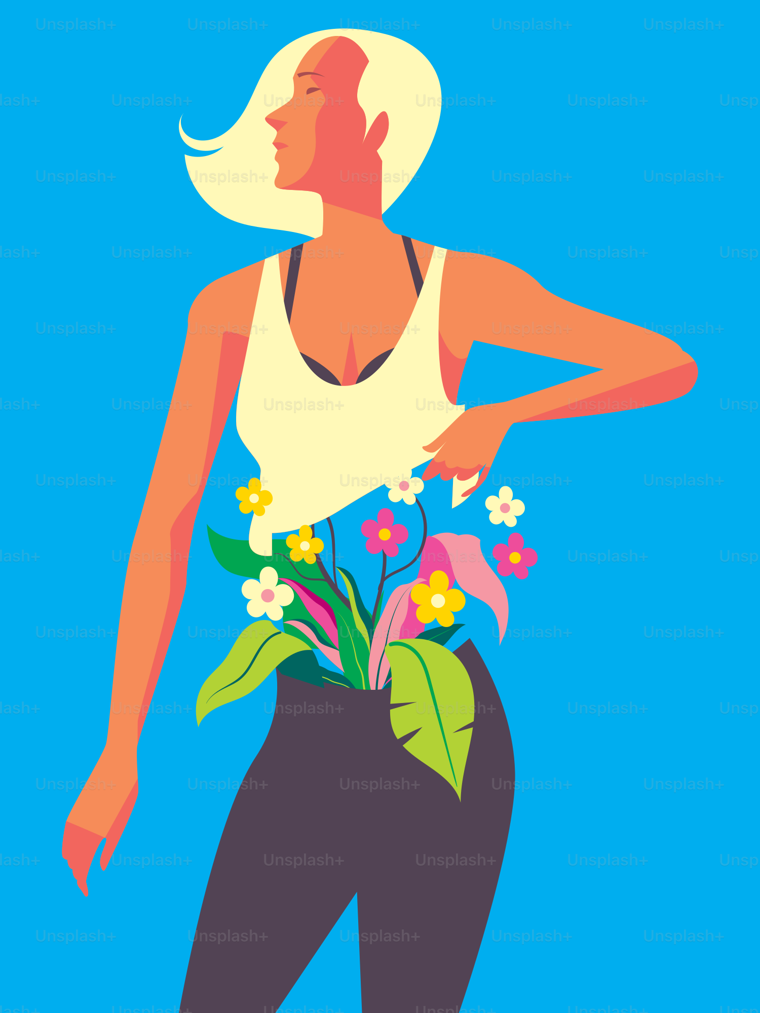 Femme avec des fleurs poussant sur son torse