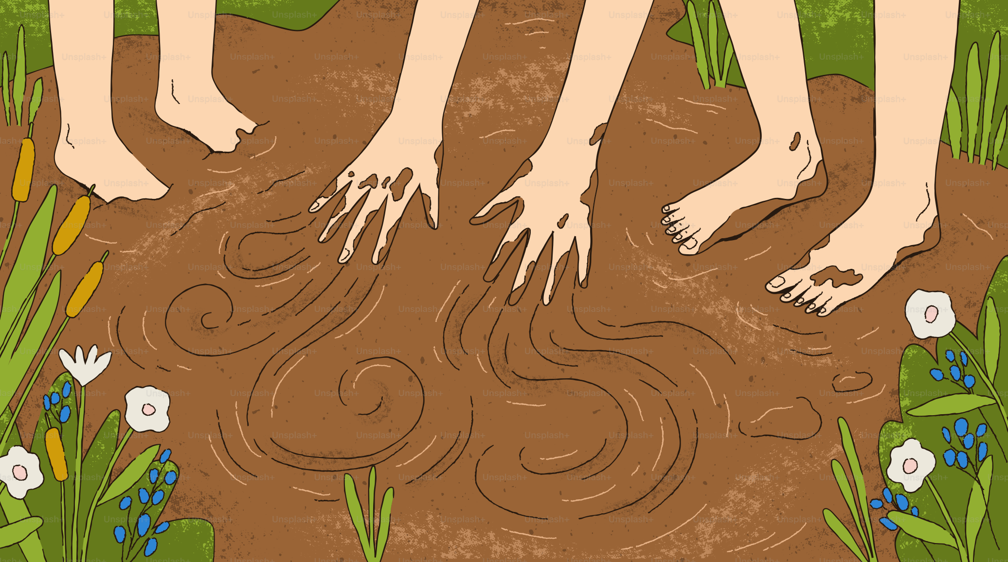 Pés descalços brincando em água lamacenta com plantas