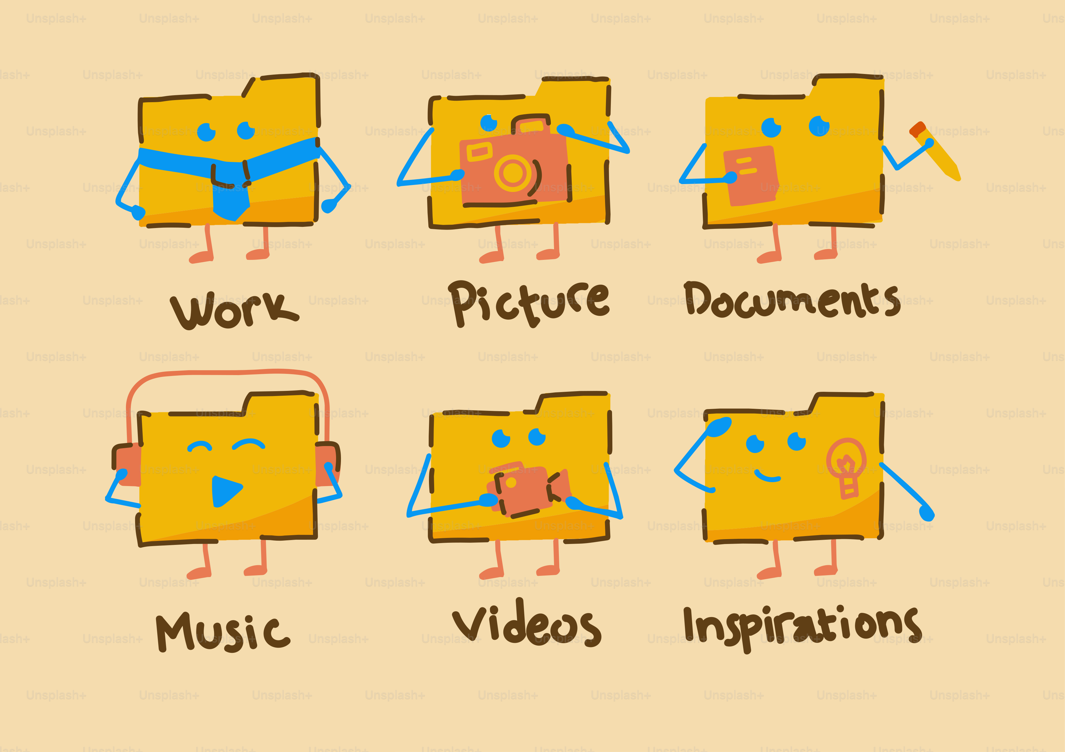 Six dossiers de dessins animés représentant différents types de fichiers.