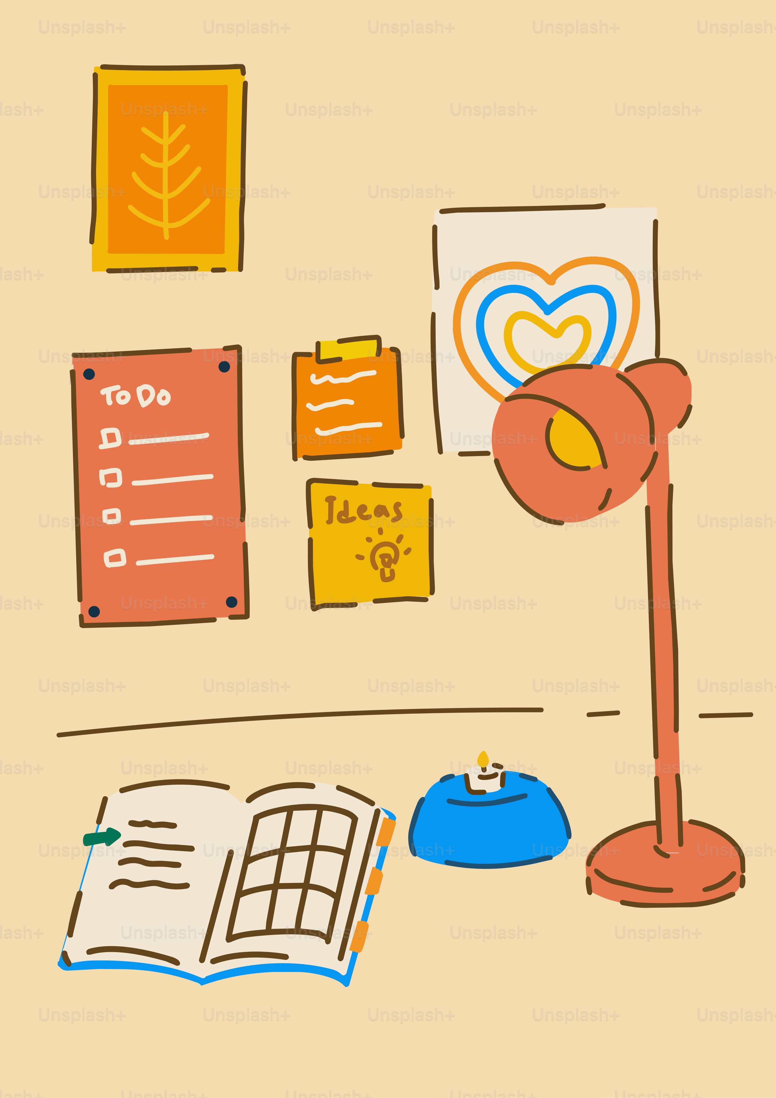 Bureau avec lampe, livre ouvert et post-its.
