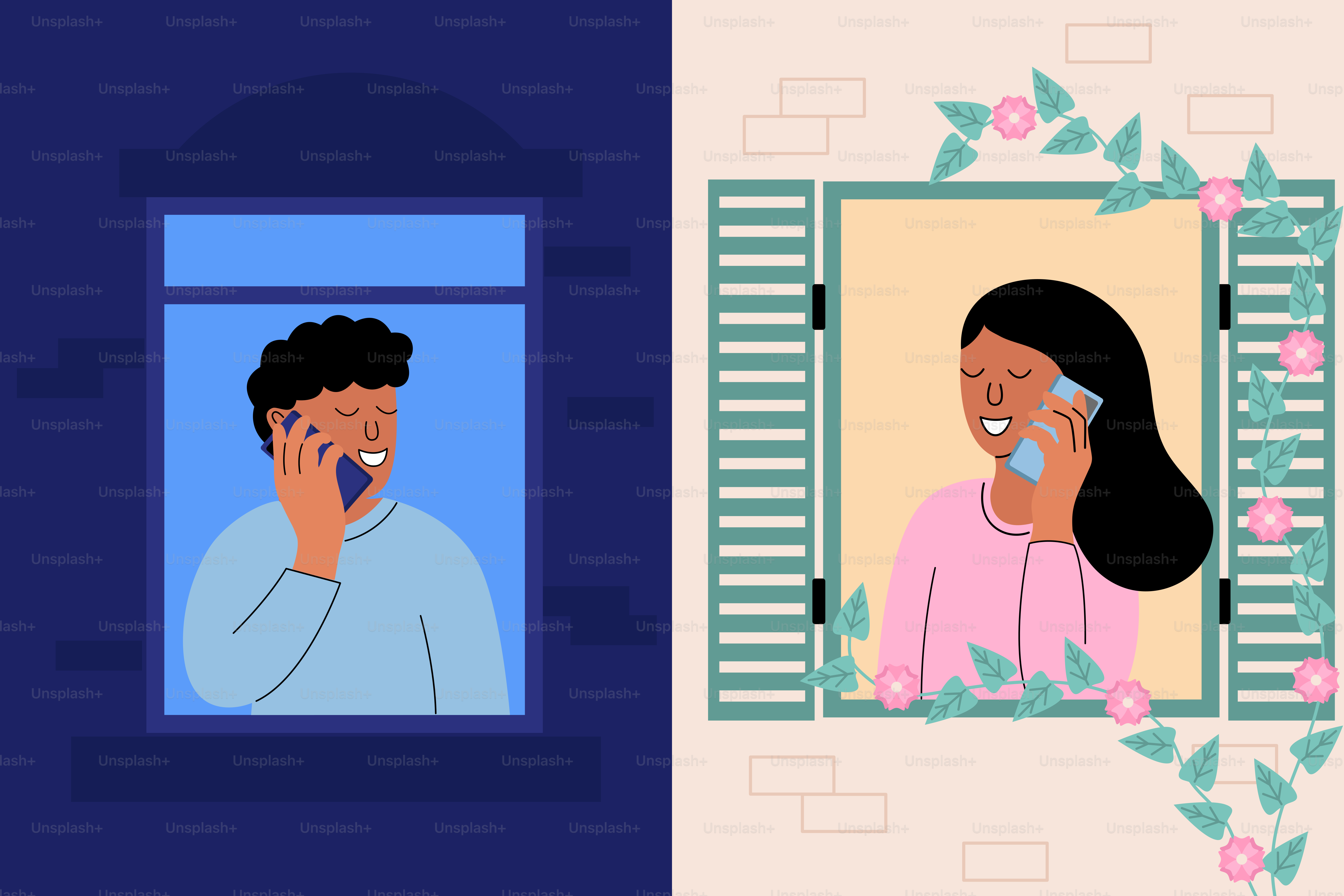 Pria dan wanita berbicara di telepon melalui jendela