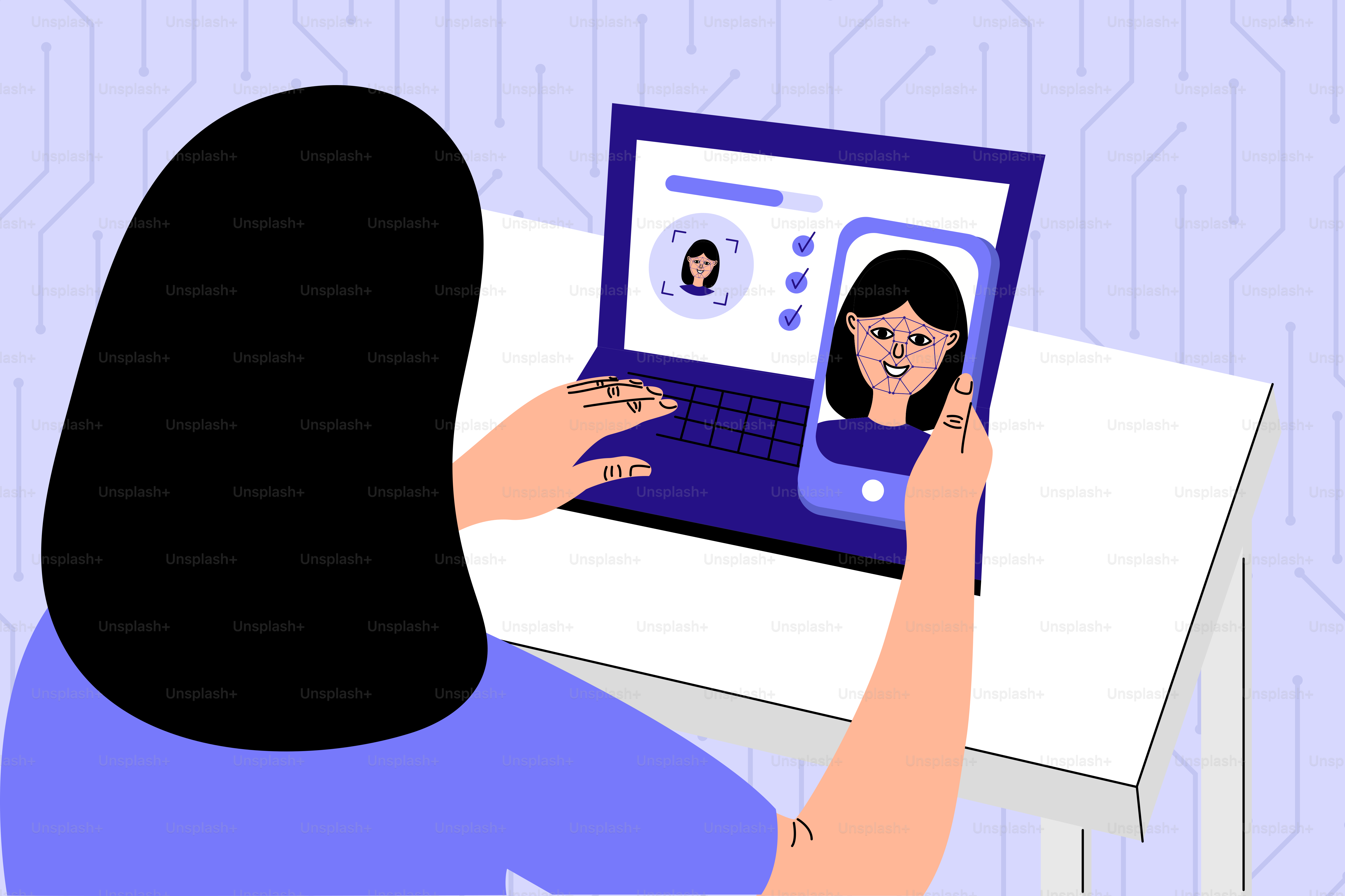 Panggilan video wanita di laptop dan ponsel