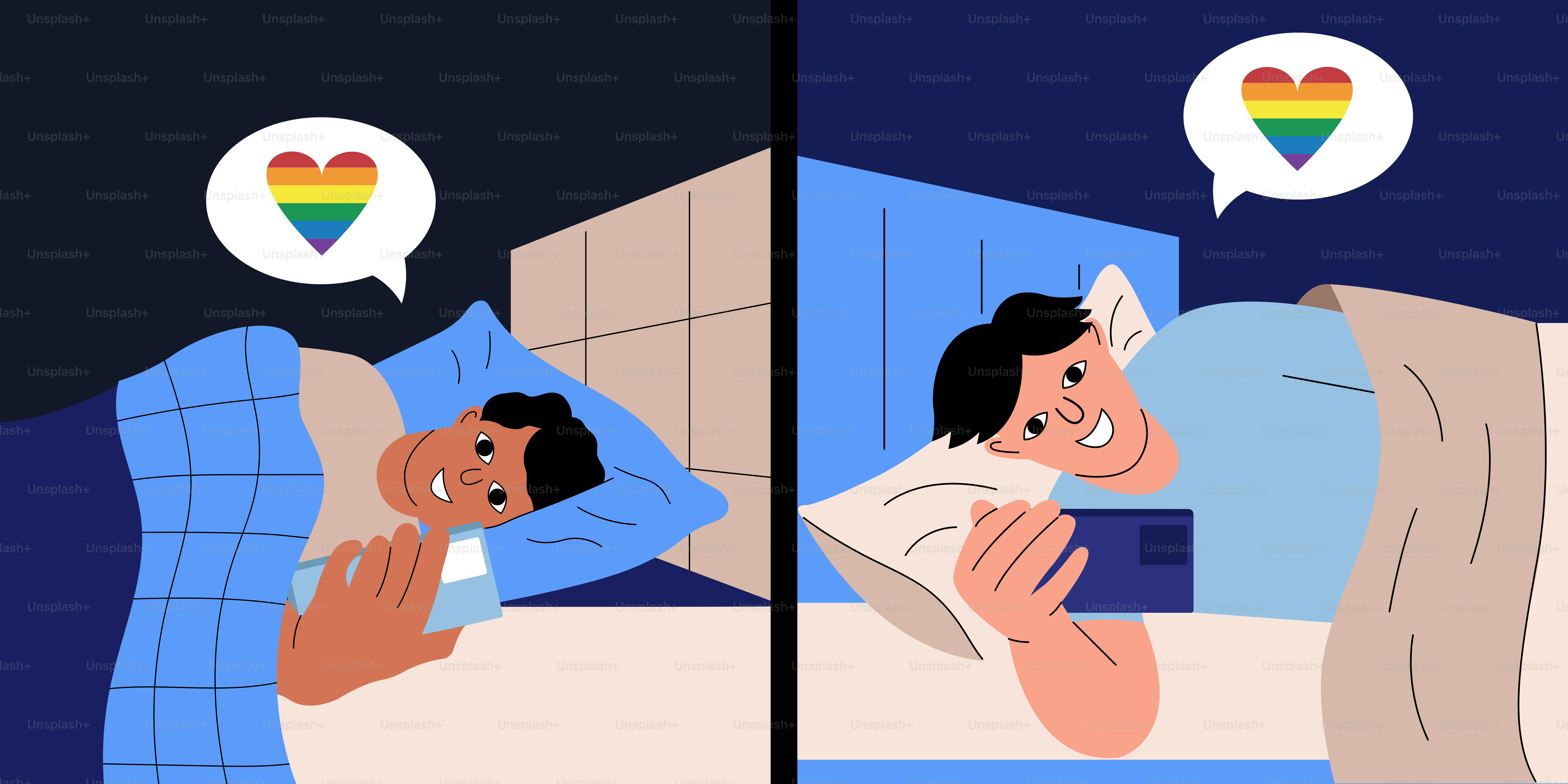 Pria di tempat tidur dengan telepon dan gelembung pikiran hati pelangi.