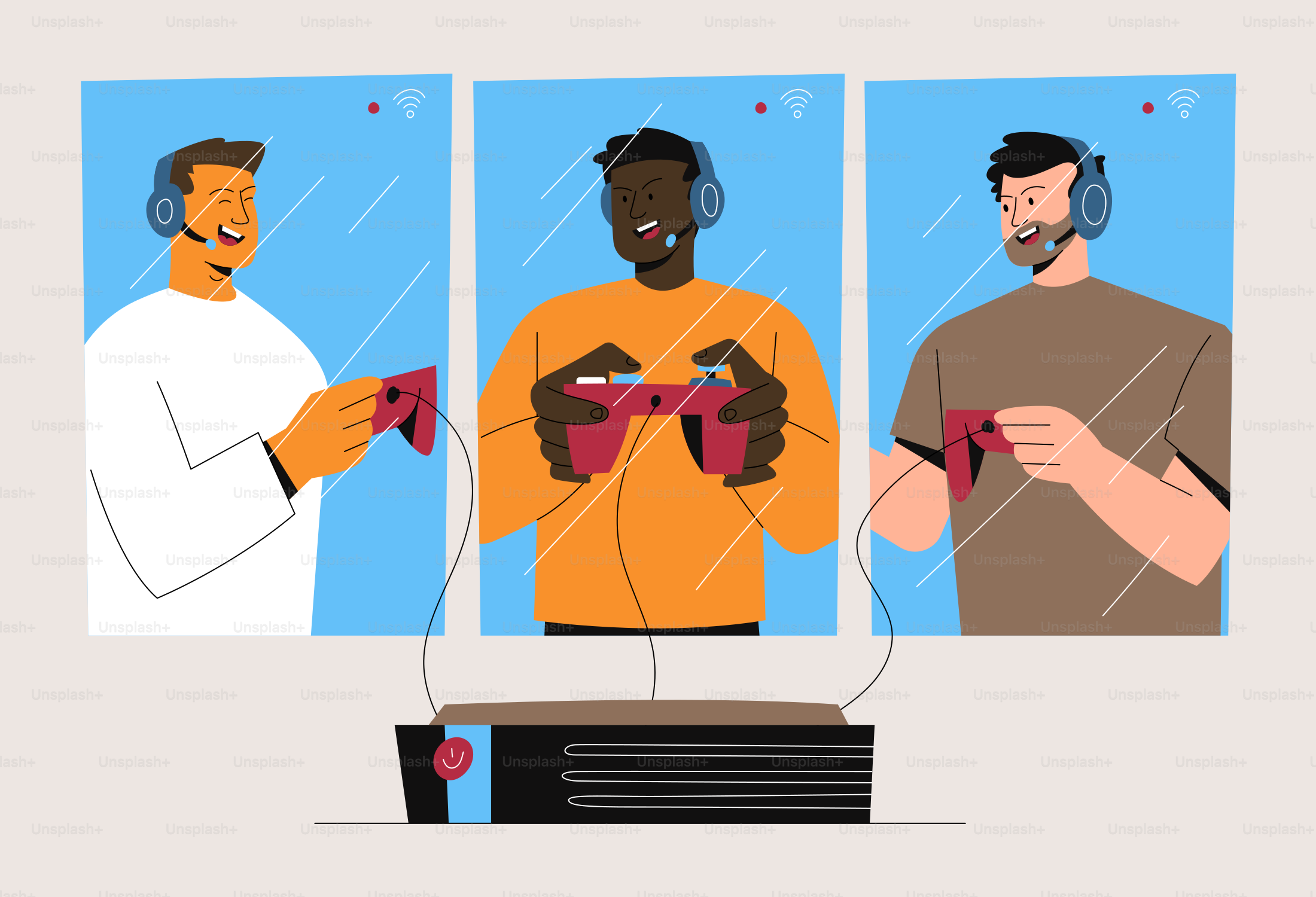 Three men playing video games together online.