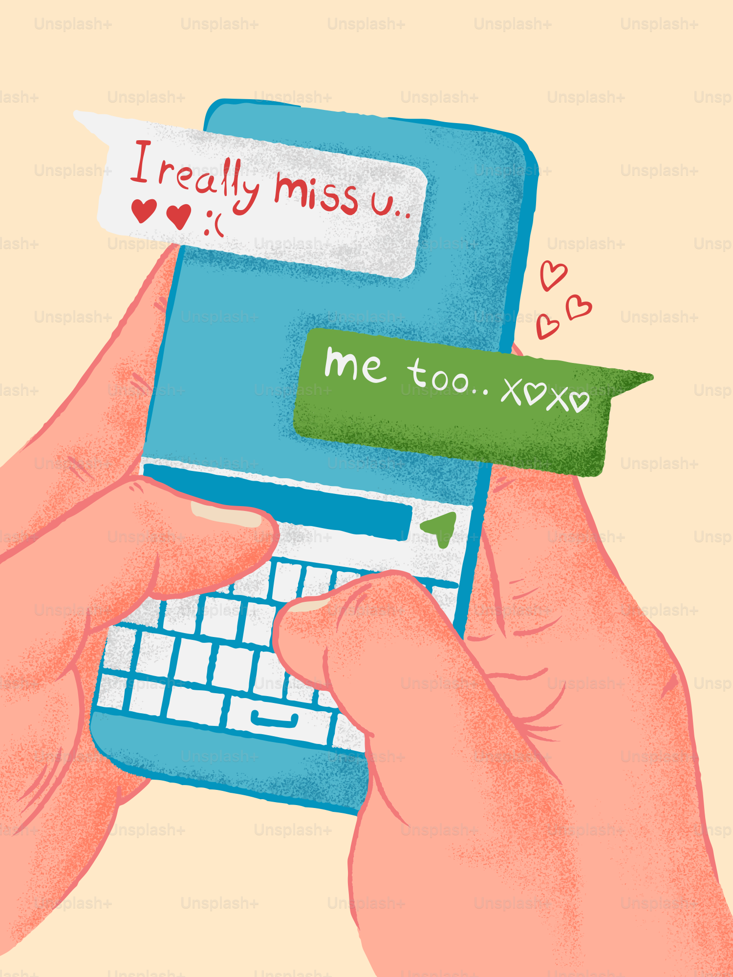 Hands typing on a phone sending affectionate messages.