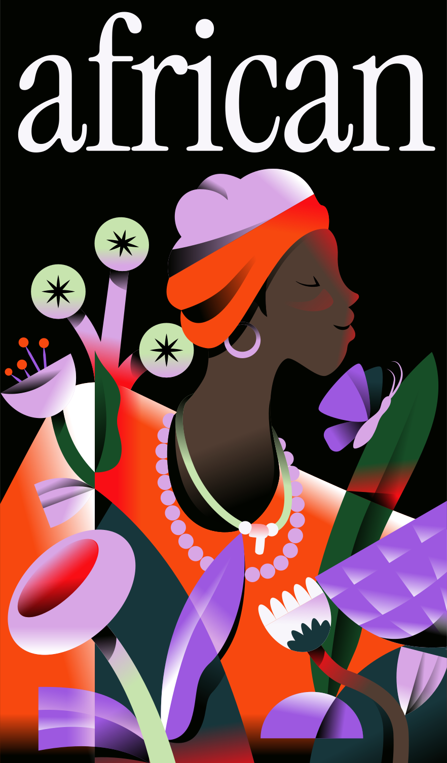 Donna africana stilizzata con fiori e farfalla