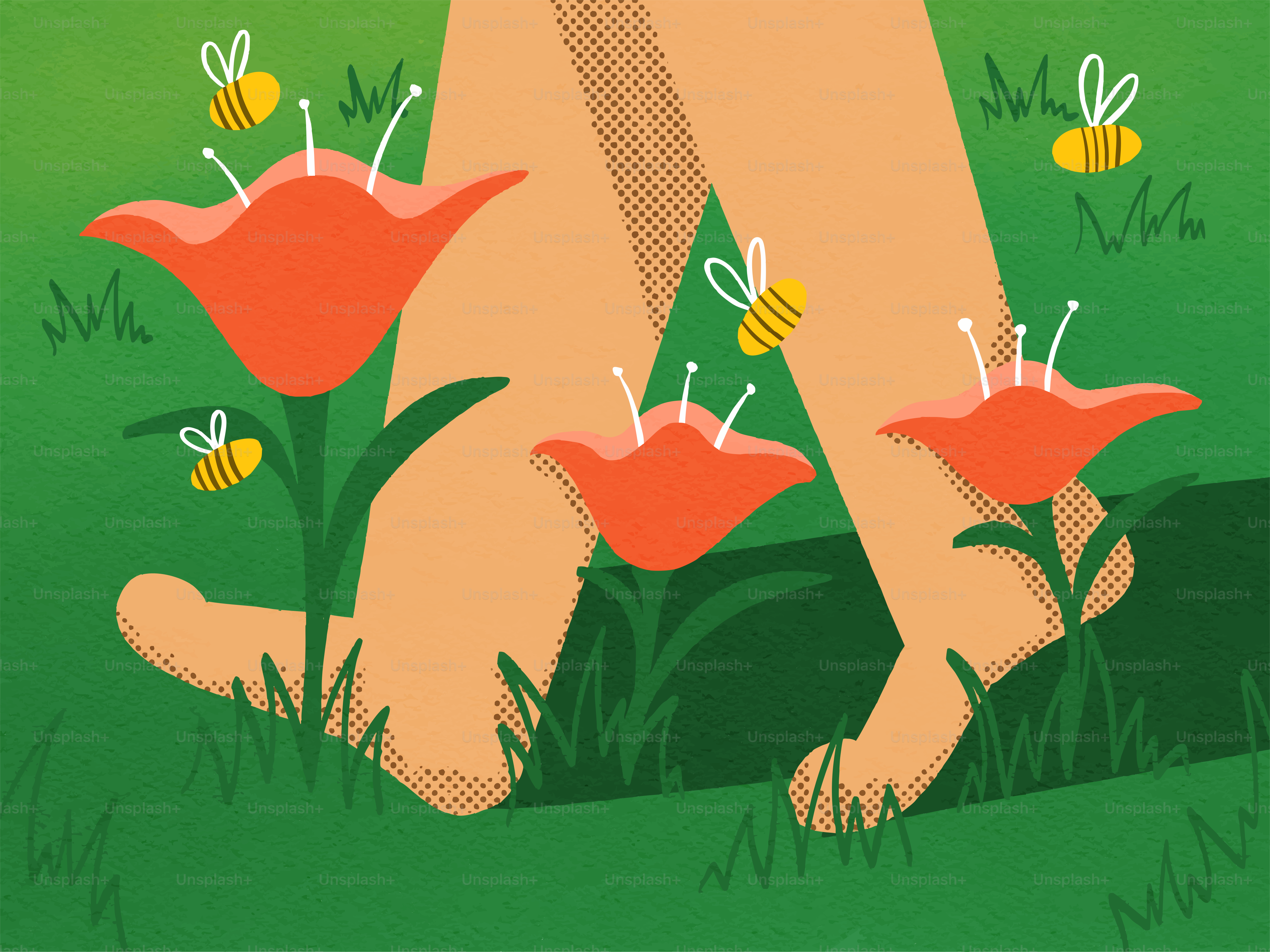Piedi nudi che camminano tra i fiori con le api