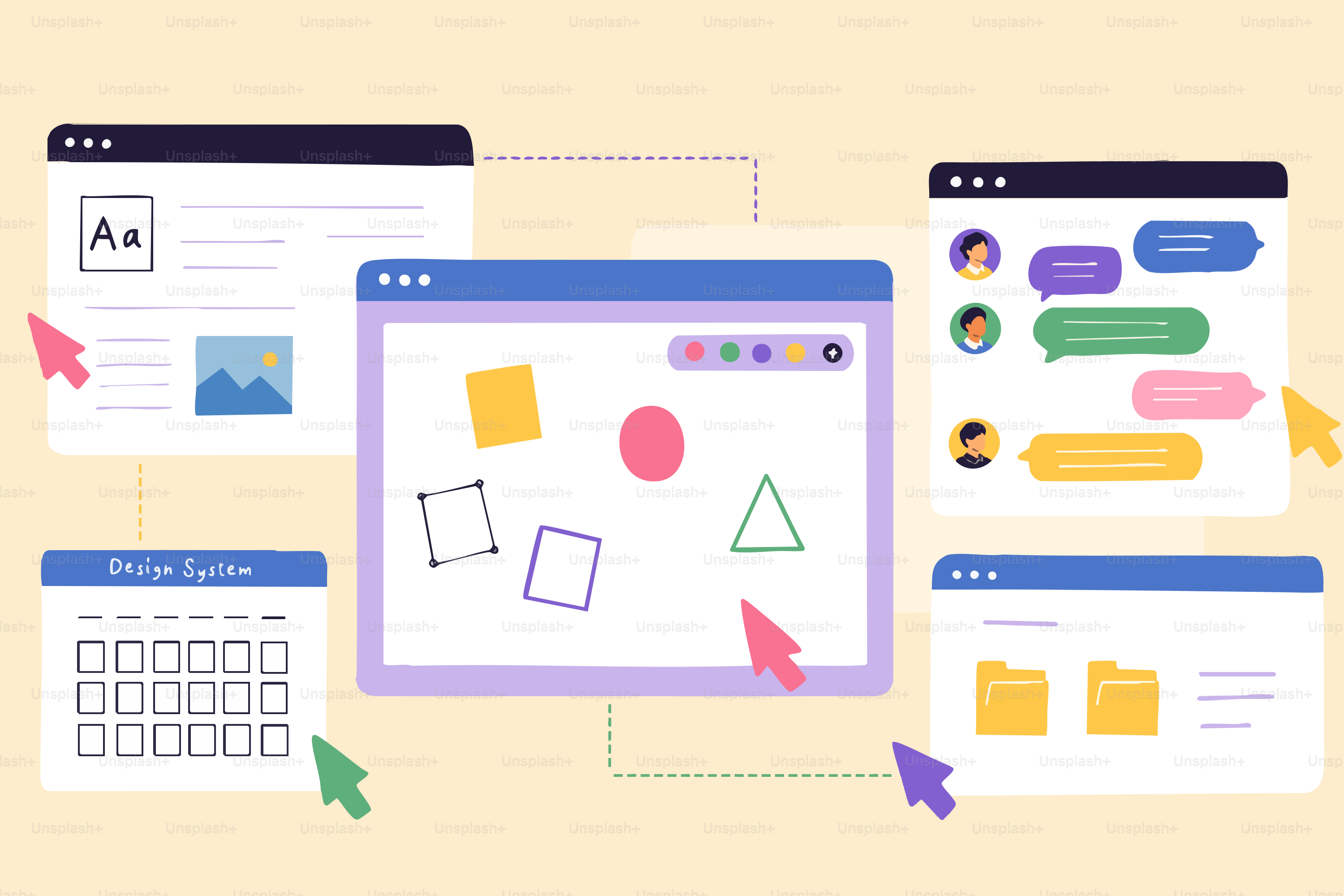 Digital design interface with various windows and cursors vector ...