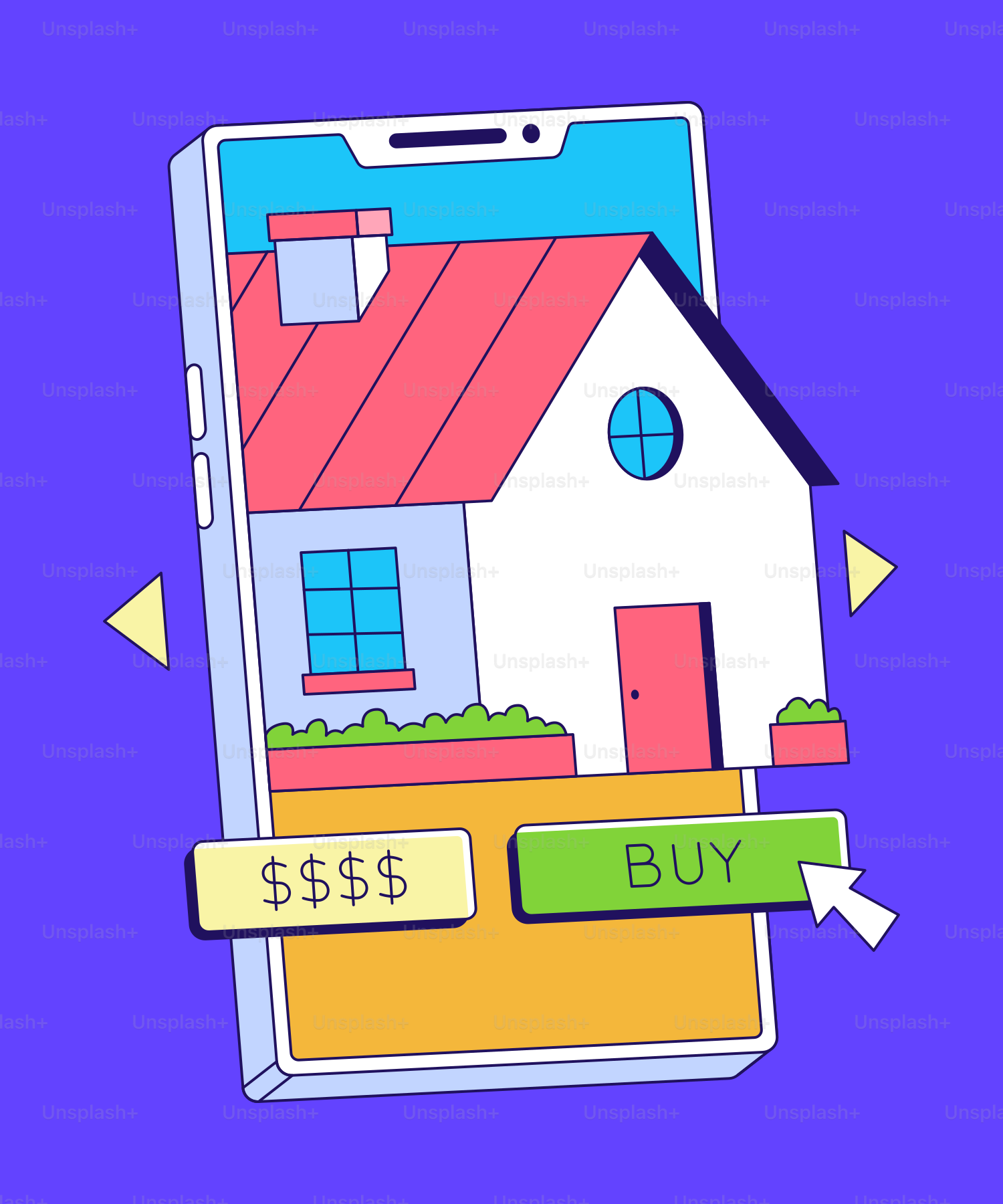 Smartphone menampilkan rumah dengan tombol beli dan harga.