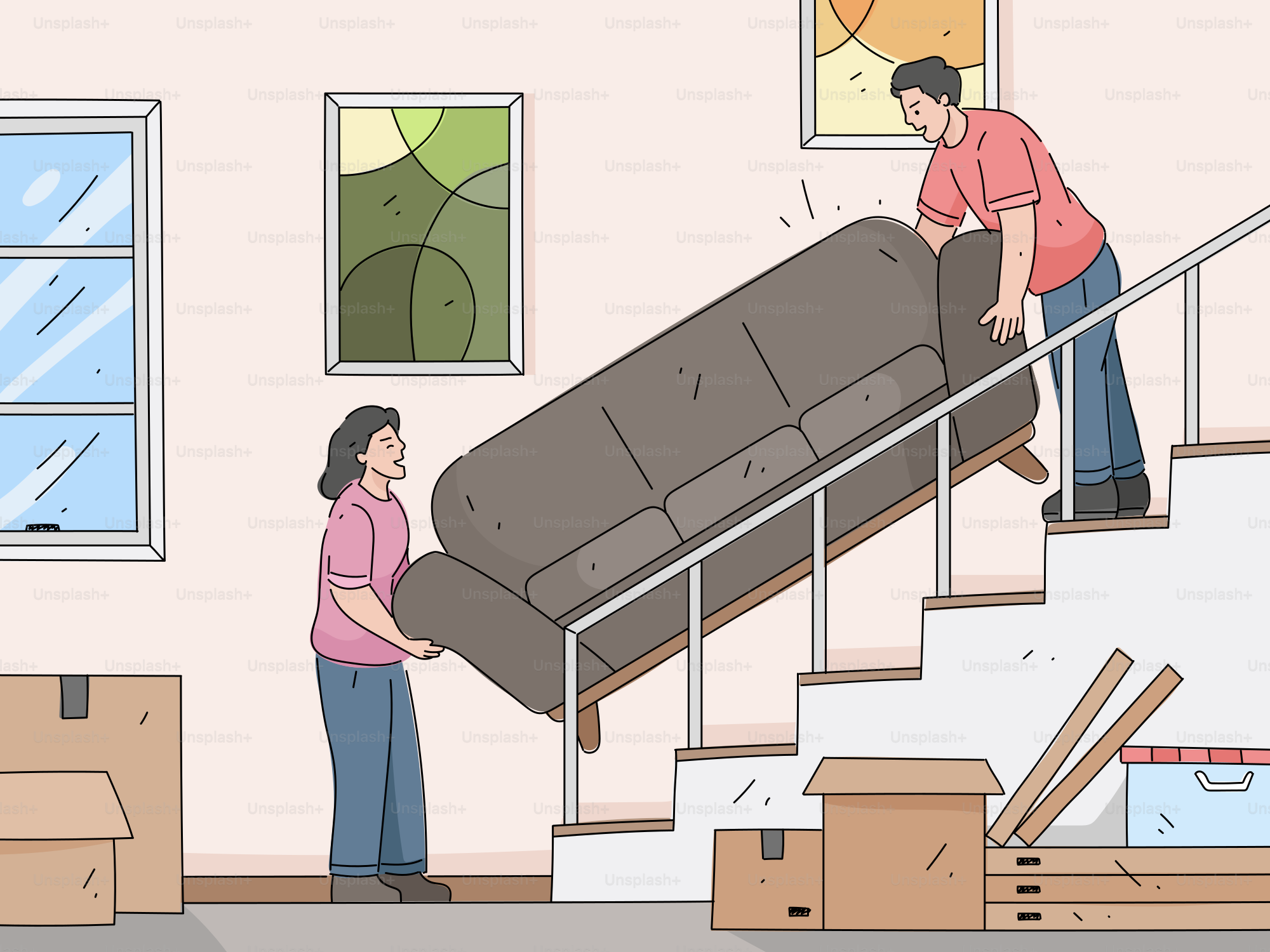 Paar trägt ein Sofa die Treppe hoch