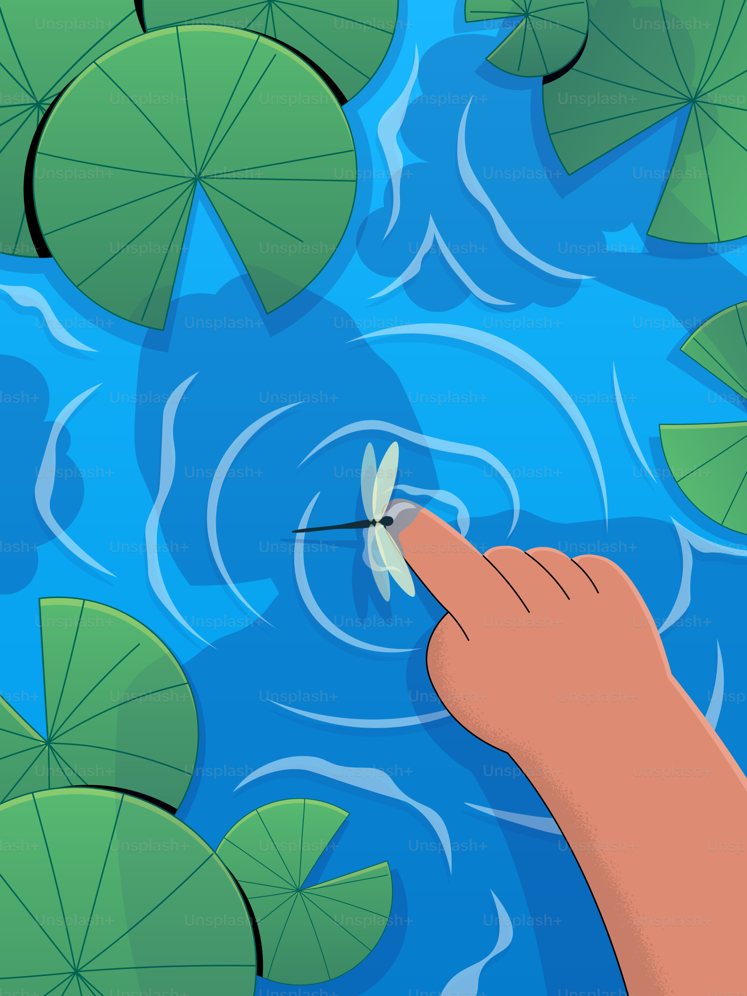 Eine Hand berührt eine Libelle auf plätscherndem Wasser