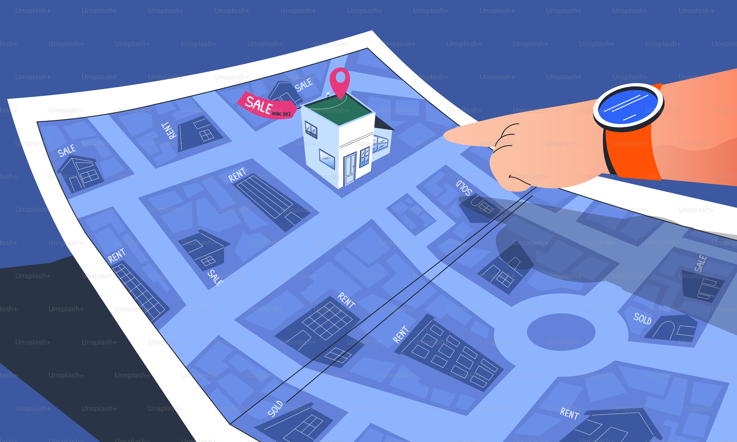 Hand pointing at a building on a map
