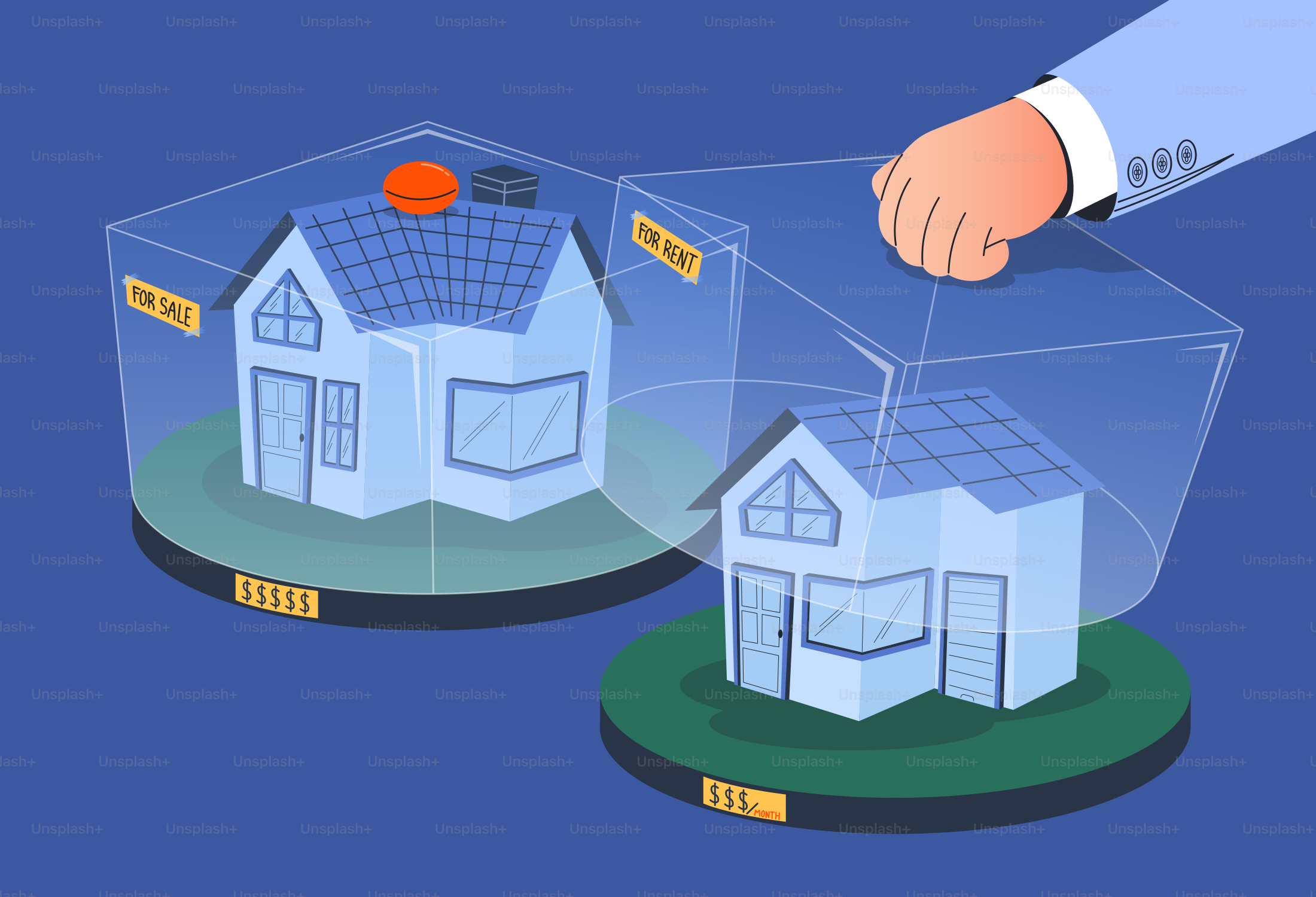 Hand selecting a house from two options.