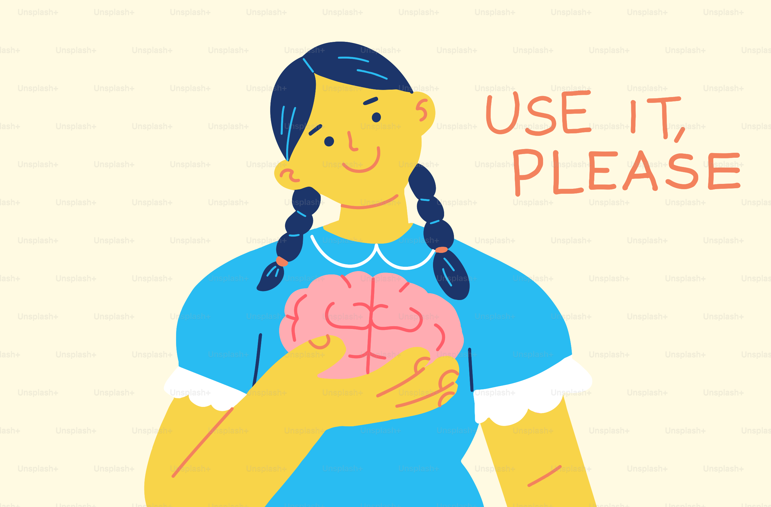 Chica con un cerebro rosa con un mensaje "úsalo, por favor"