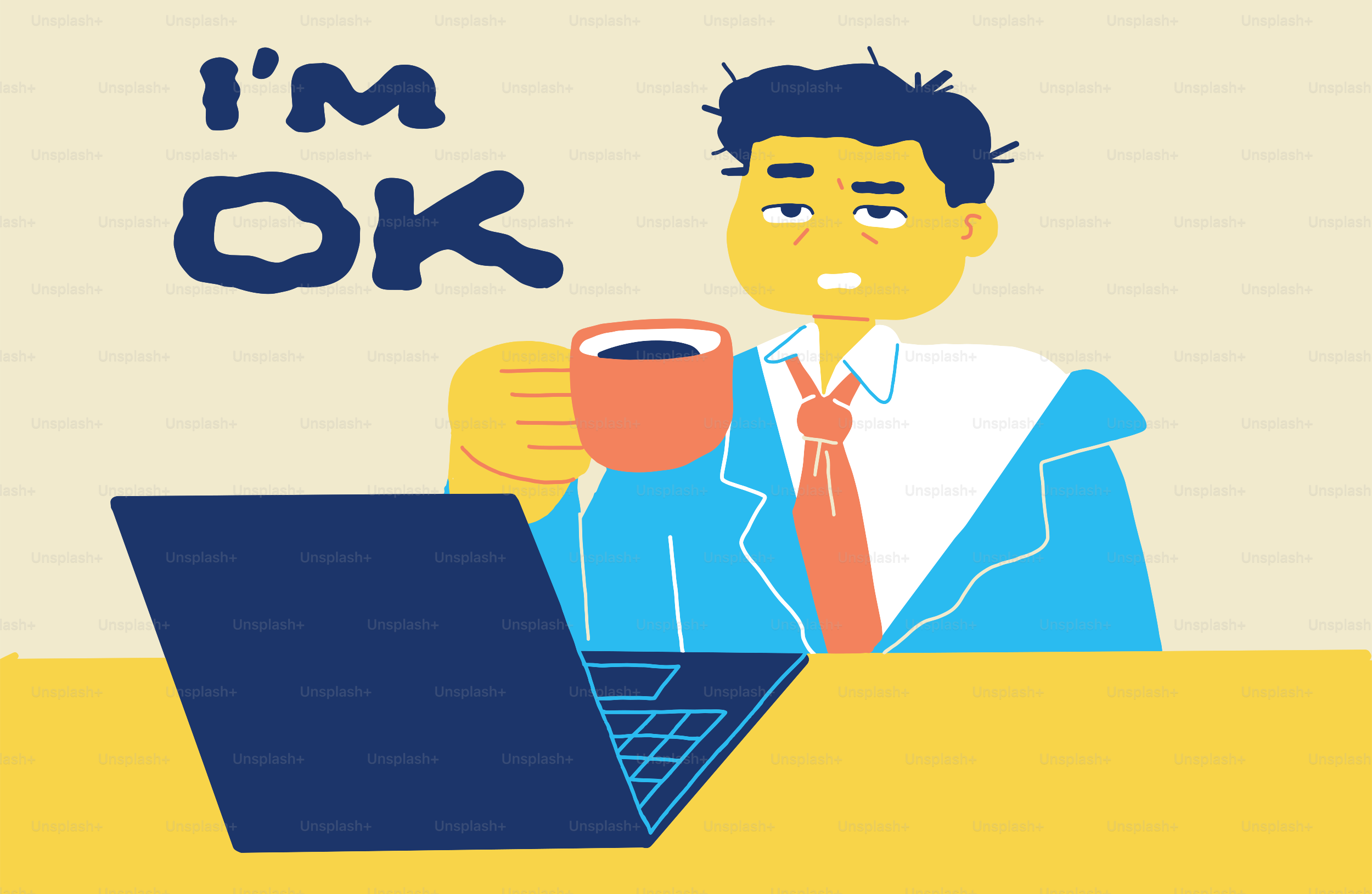 Un hombre con café y portátil dice 'estoy bien'.