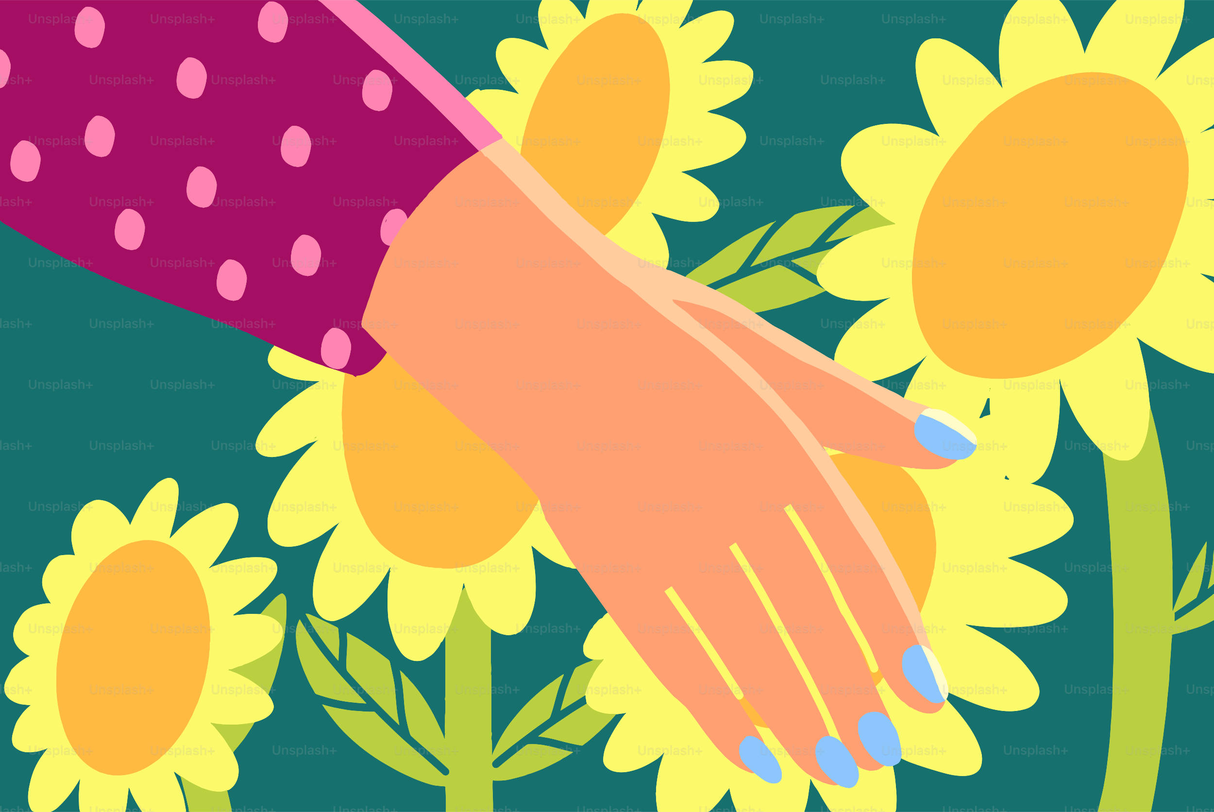Eine Hand streckt sich aus, um Sonnenblumen zu berühren