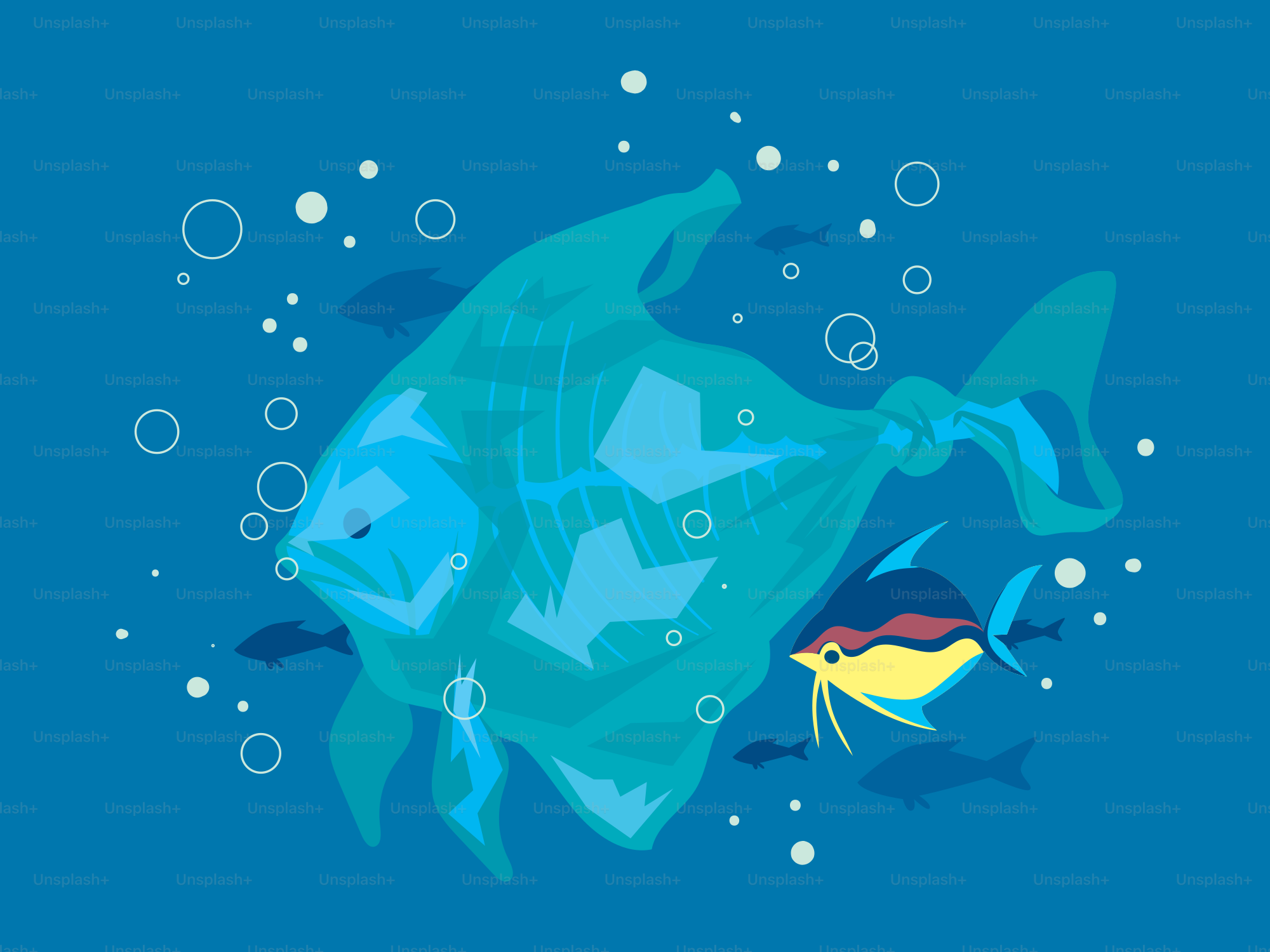 Ein durchscheinender Fisch schwimmt mit kleineren Fischen unter Wasser