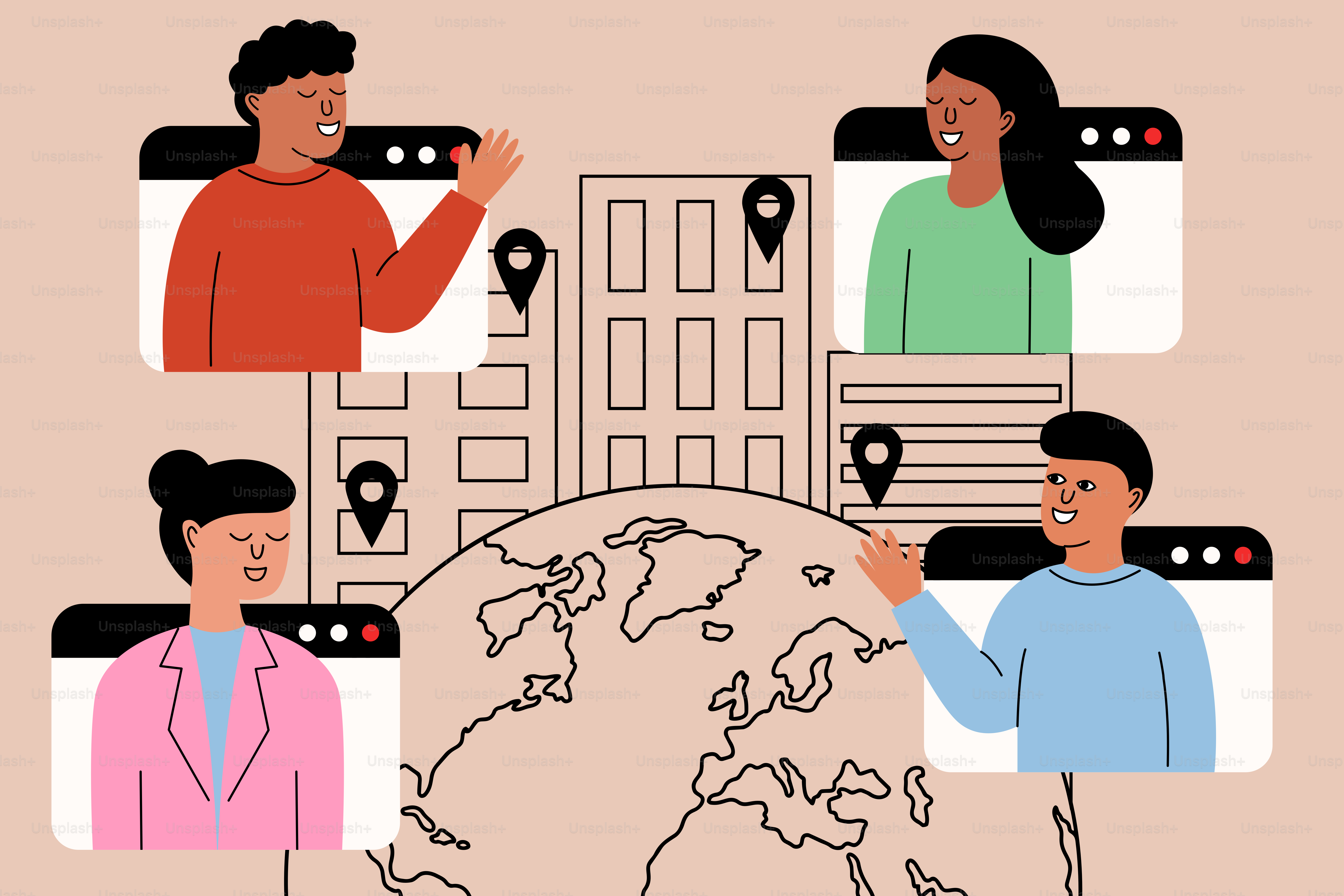 Orang-orang terhubung secara global melalui panggilan video dan kerja jarak jauh.