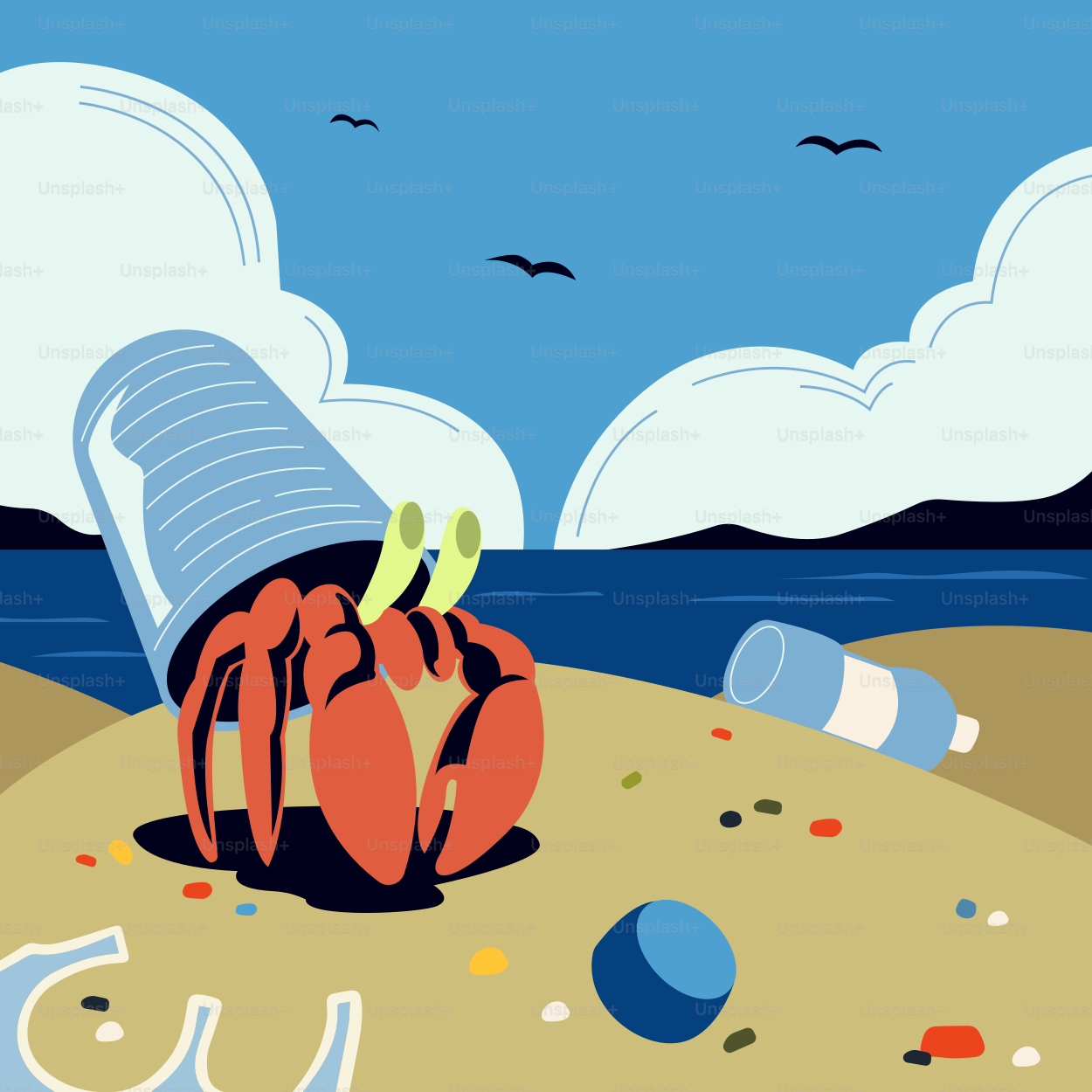 Kepiting pertapa dalam kaleng di pantai yang berserakan berseran.
