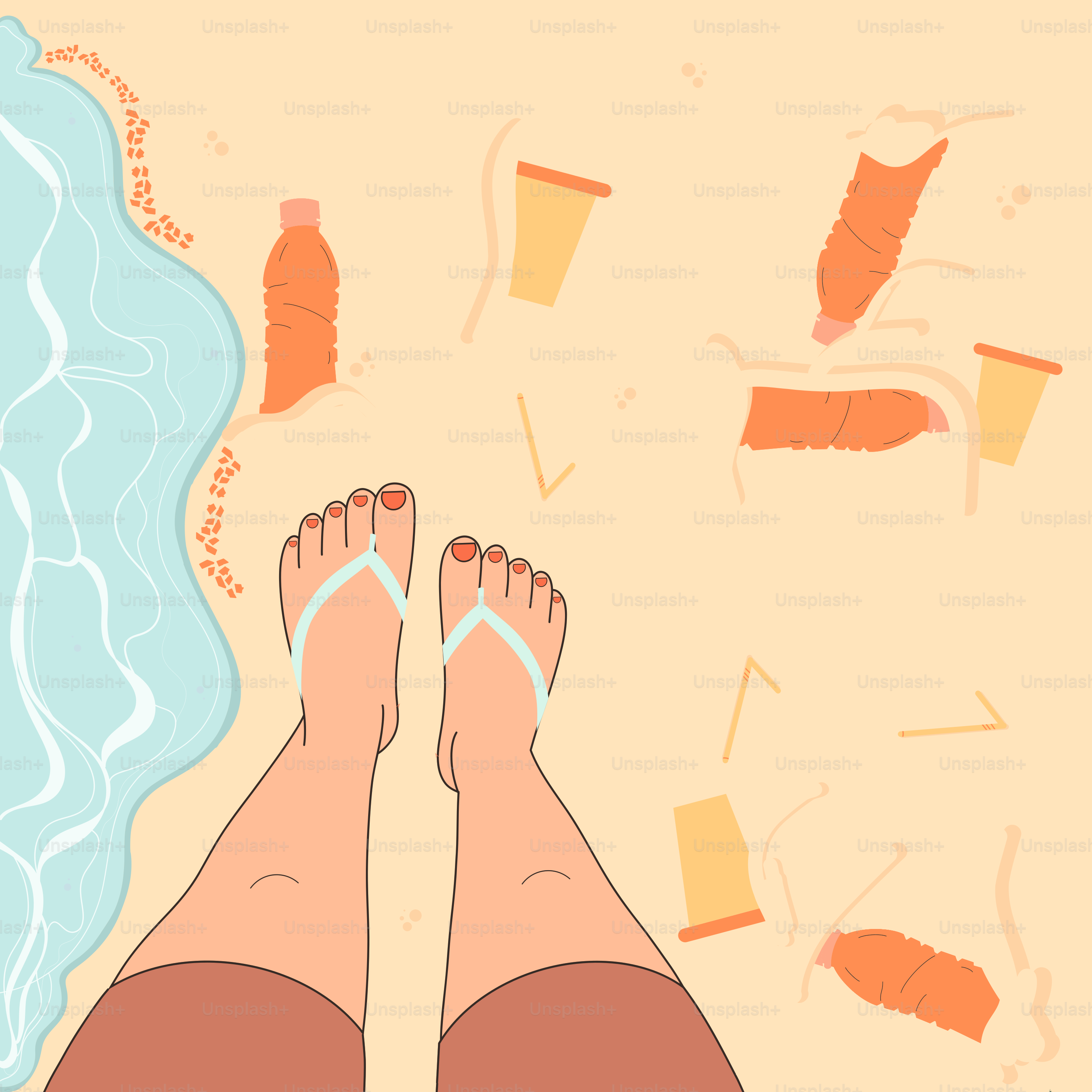 Feet on a beach littered with plastic bottles and cups
