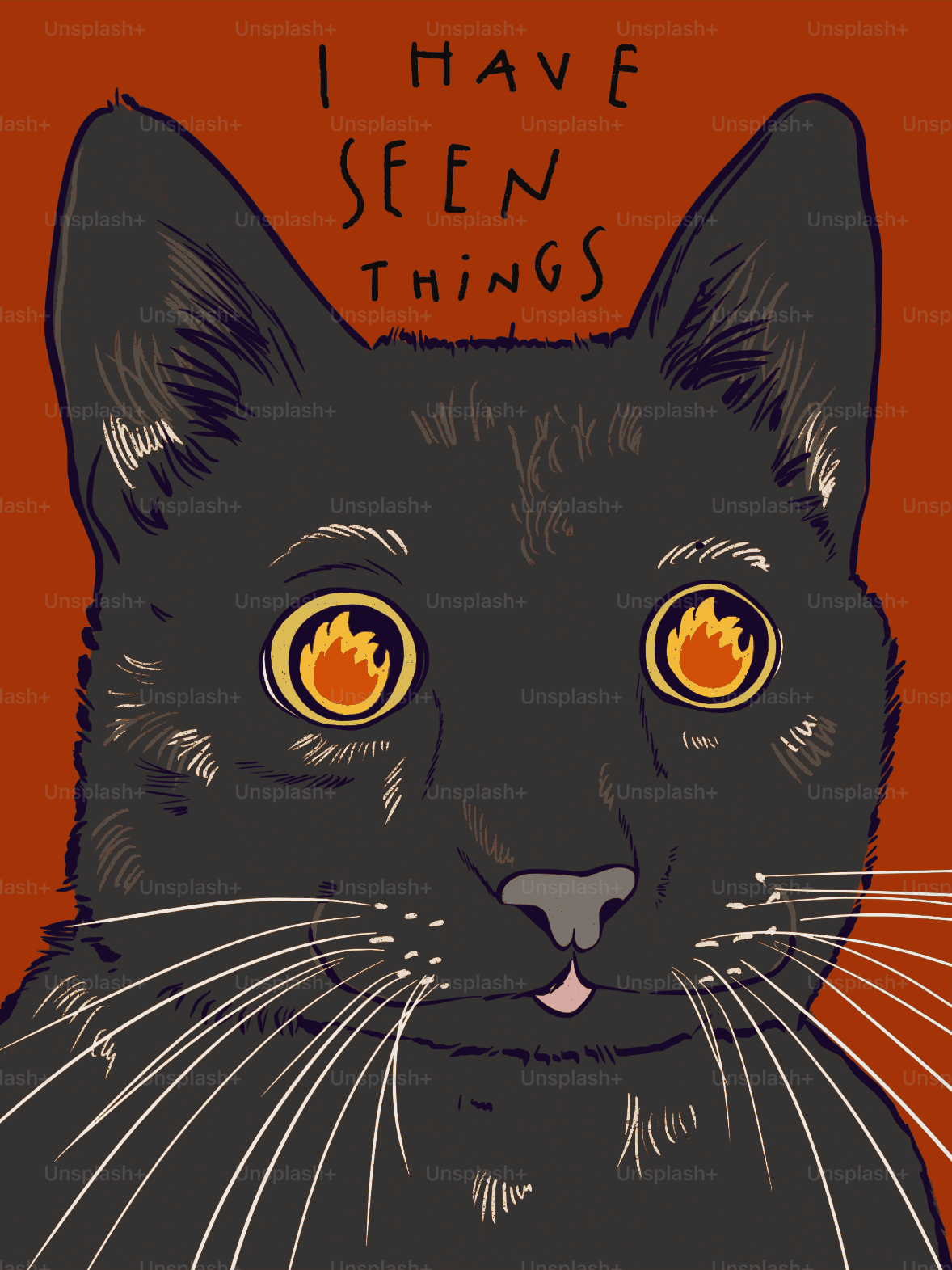 Chat noir aux yeux flamboyants et au texte au-dessus