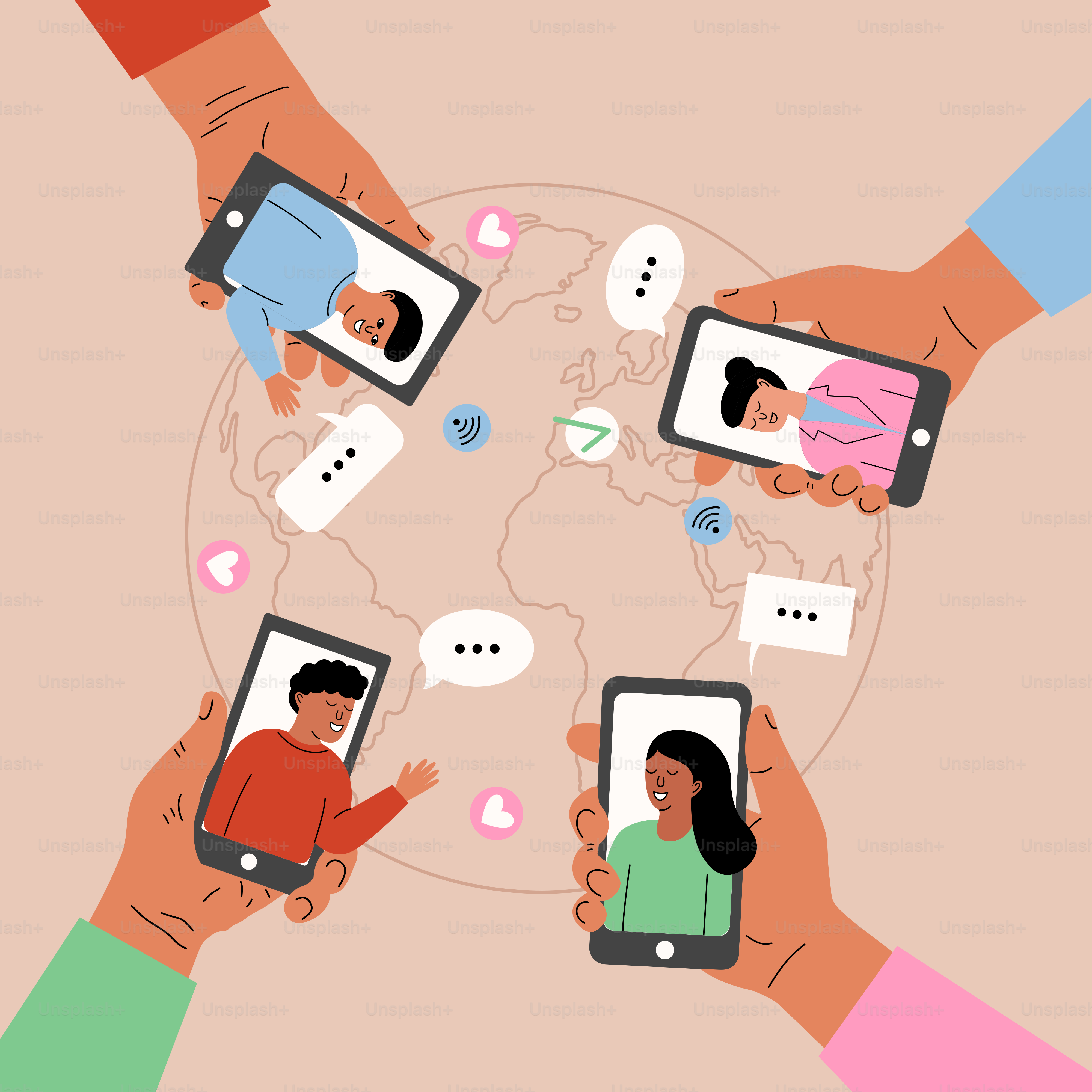 Orang-orang terhubung secara global melalui panggilan video di ponsel.