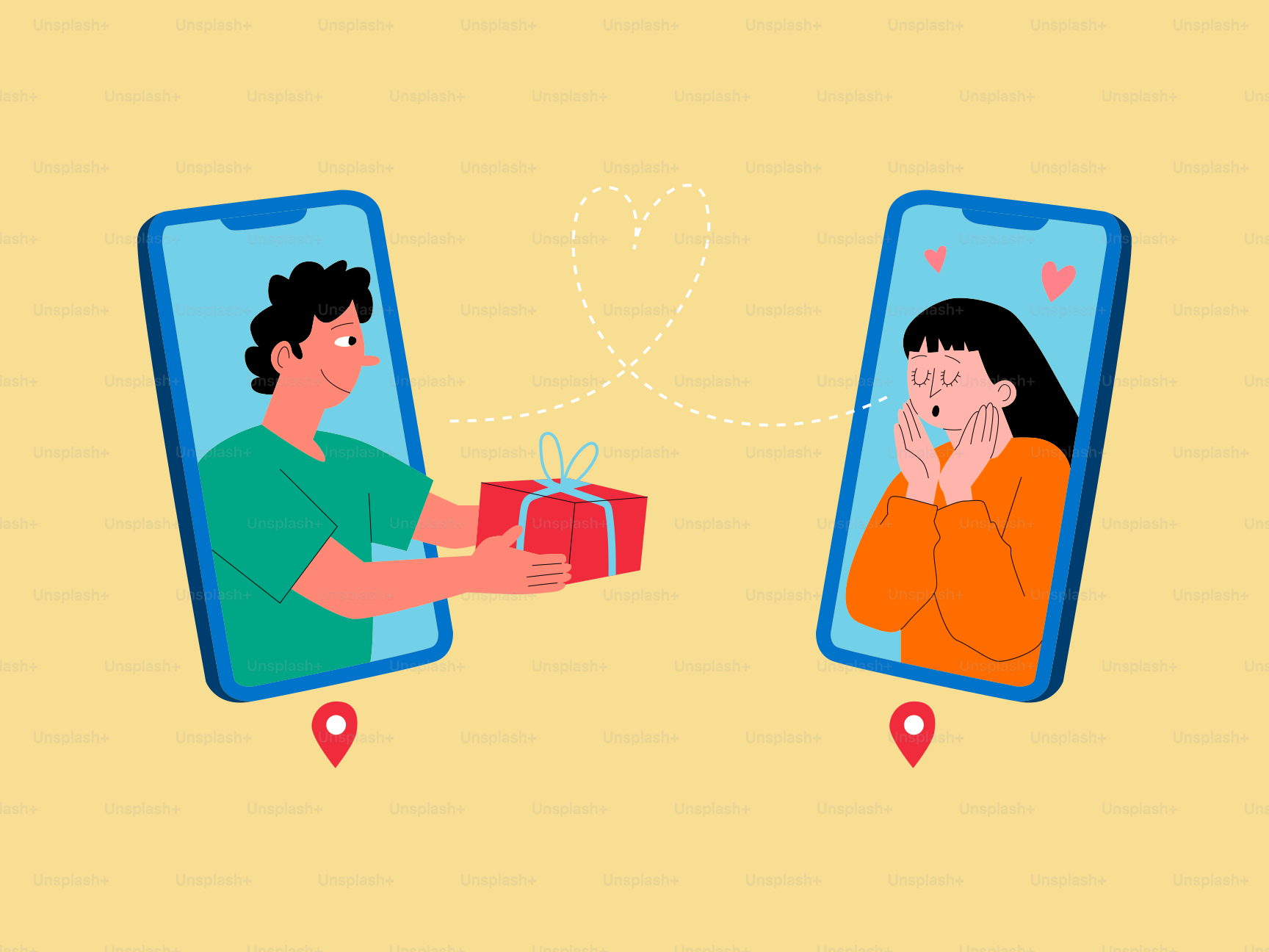 Pasangan terhubung secara online dengan pertukaran hadiah