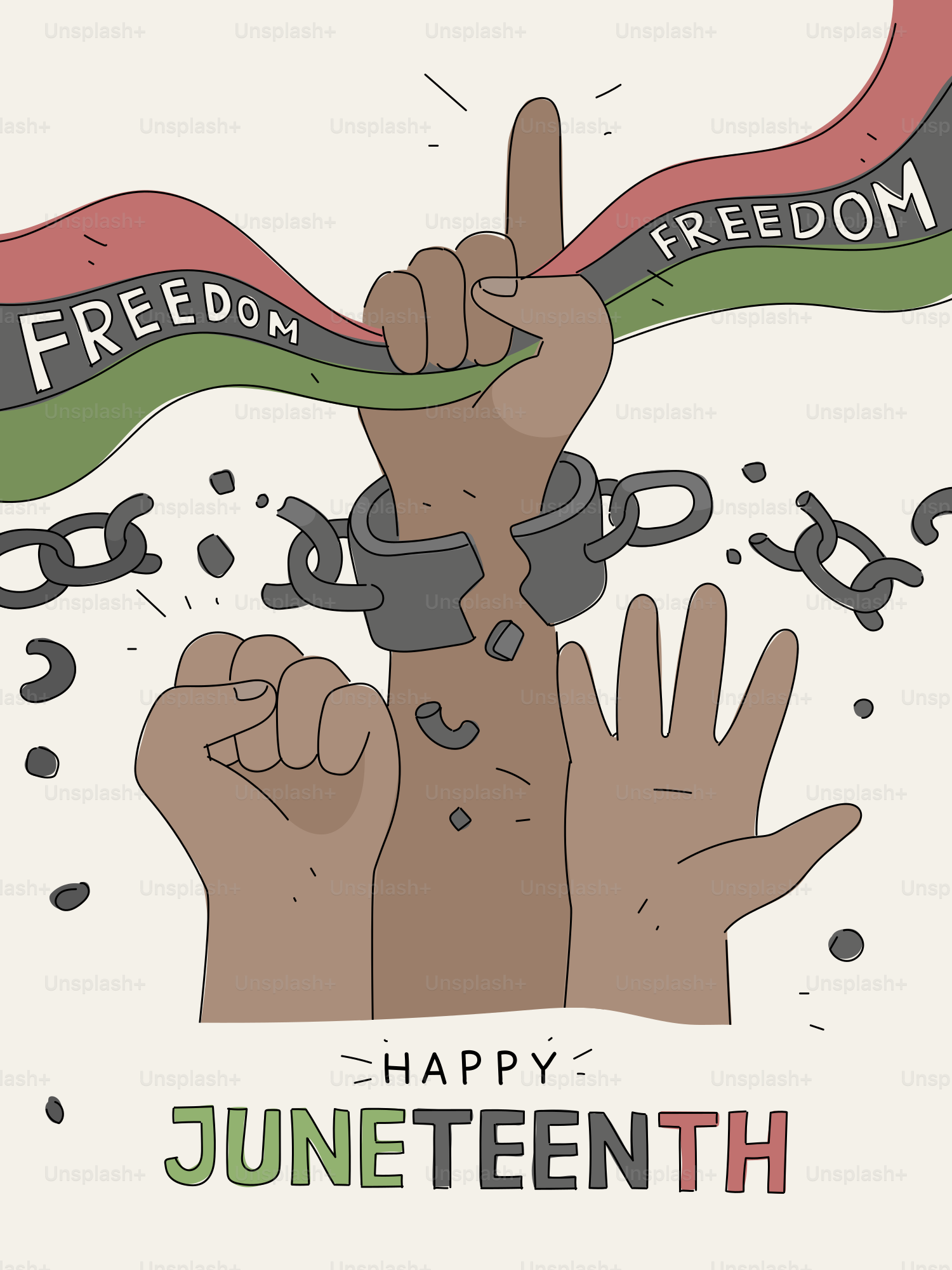 Hands breaking chains with juneteenth flag