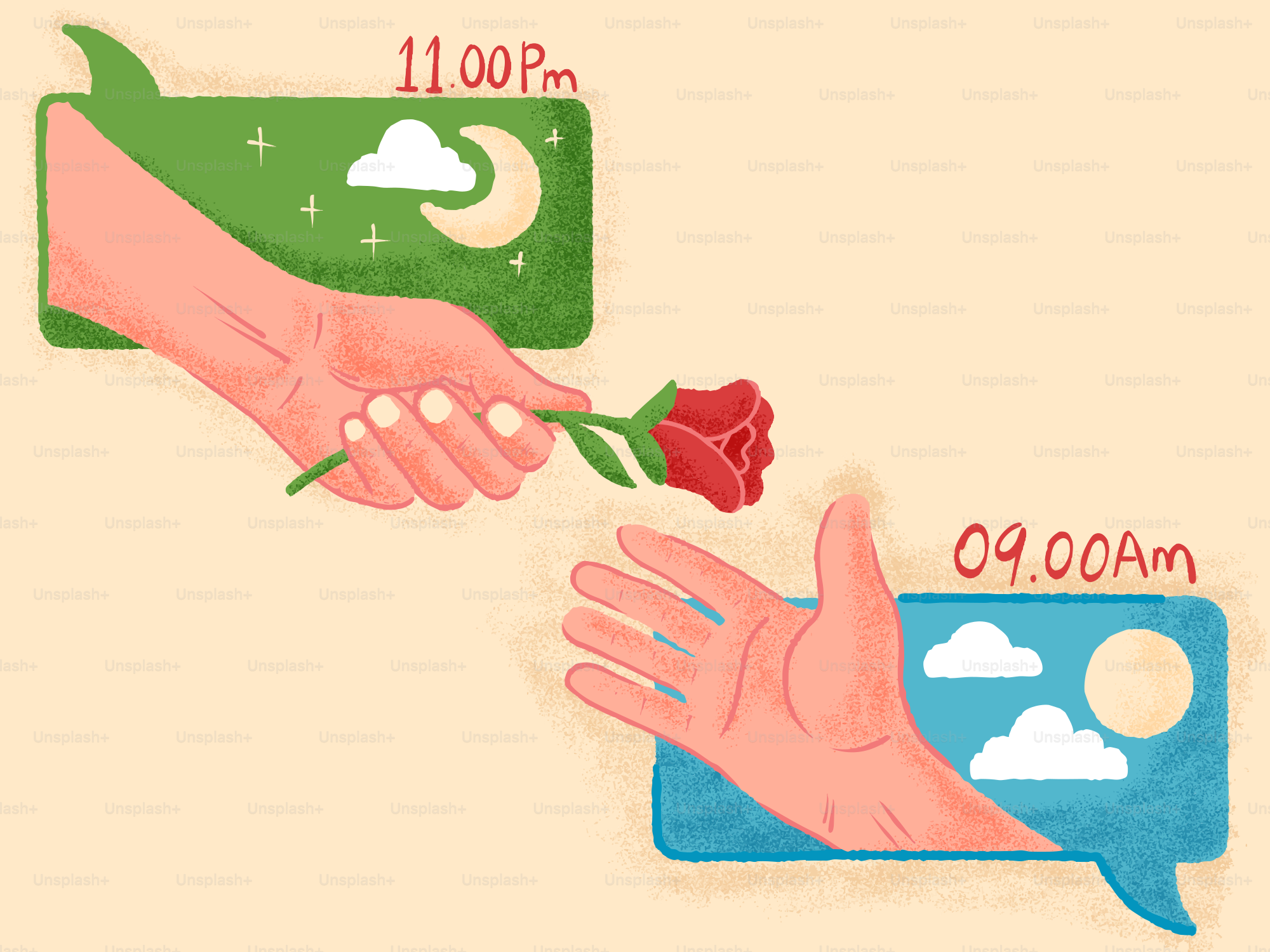 Mãos trocando uma rosa através do tempo
