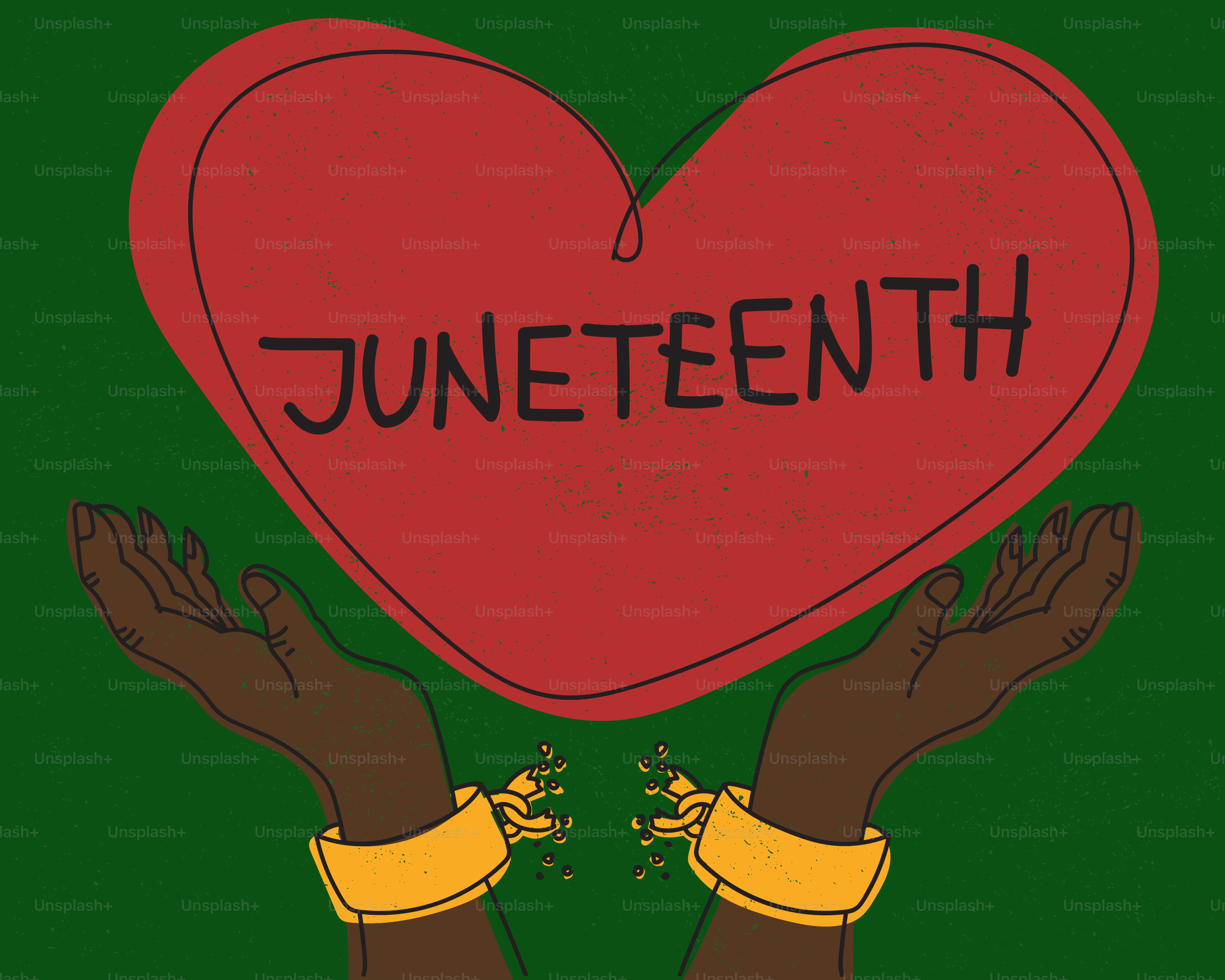 Coração vermelho com texto do Juneteenth acima de grilhões quebrados.