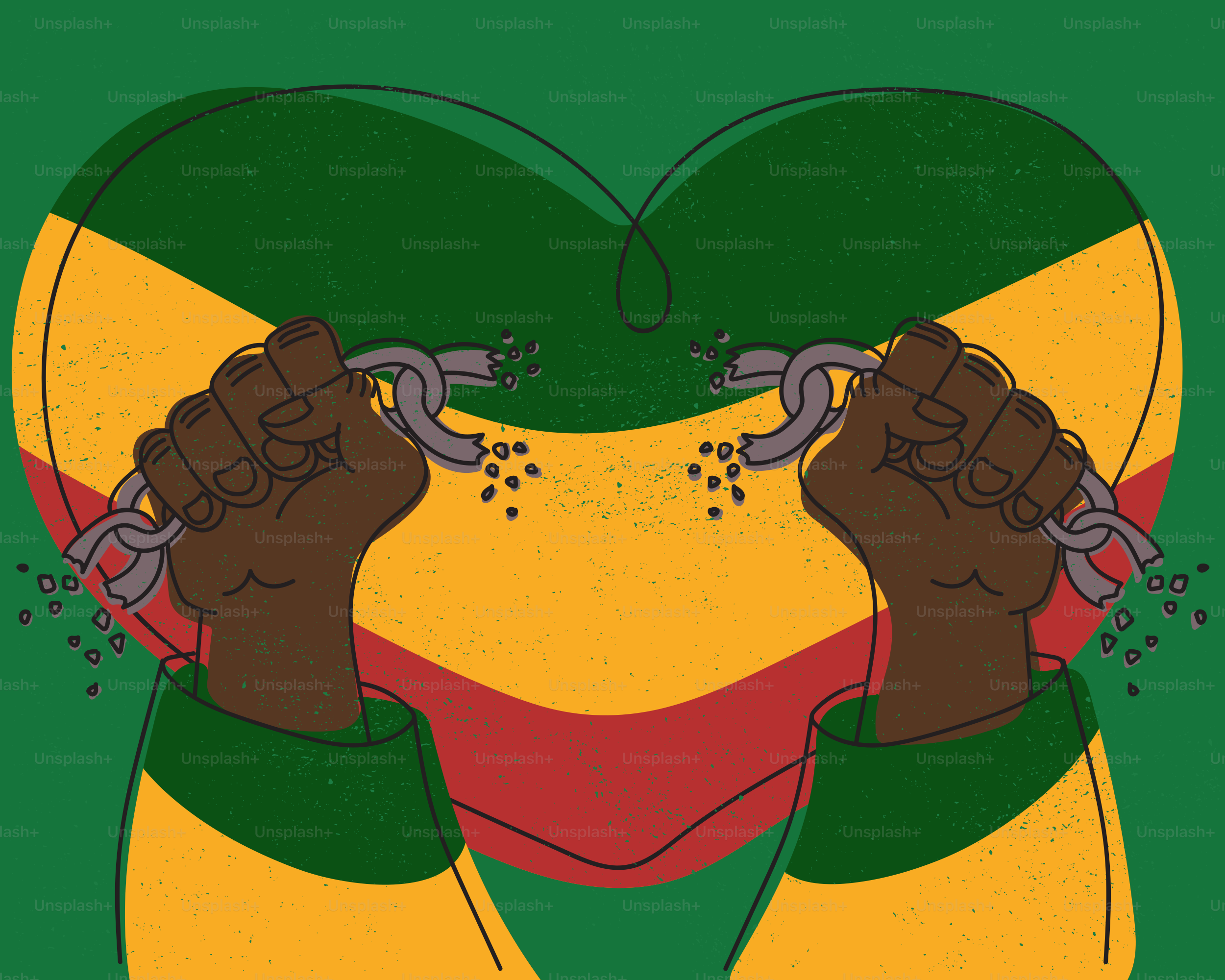 Mãos quebrando correntes na frente de uma bandeira em forma de coração.