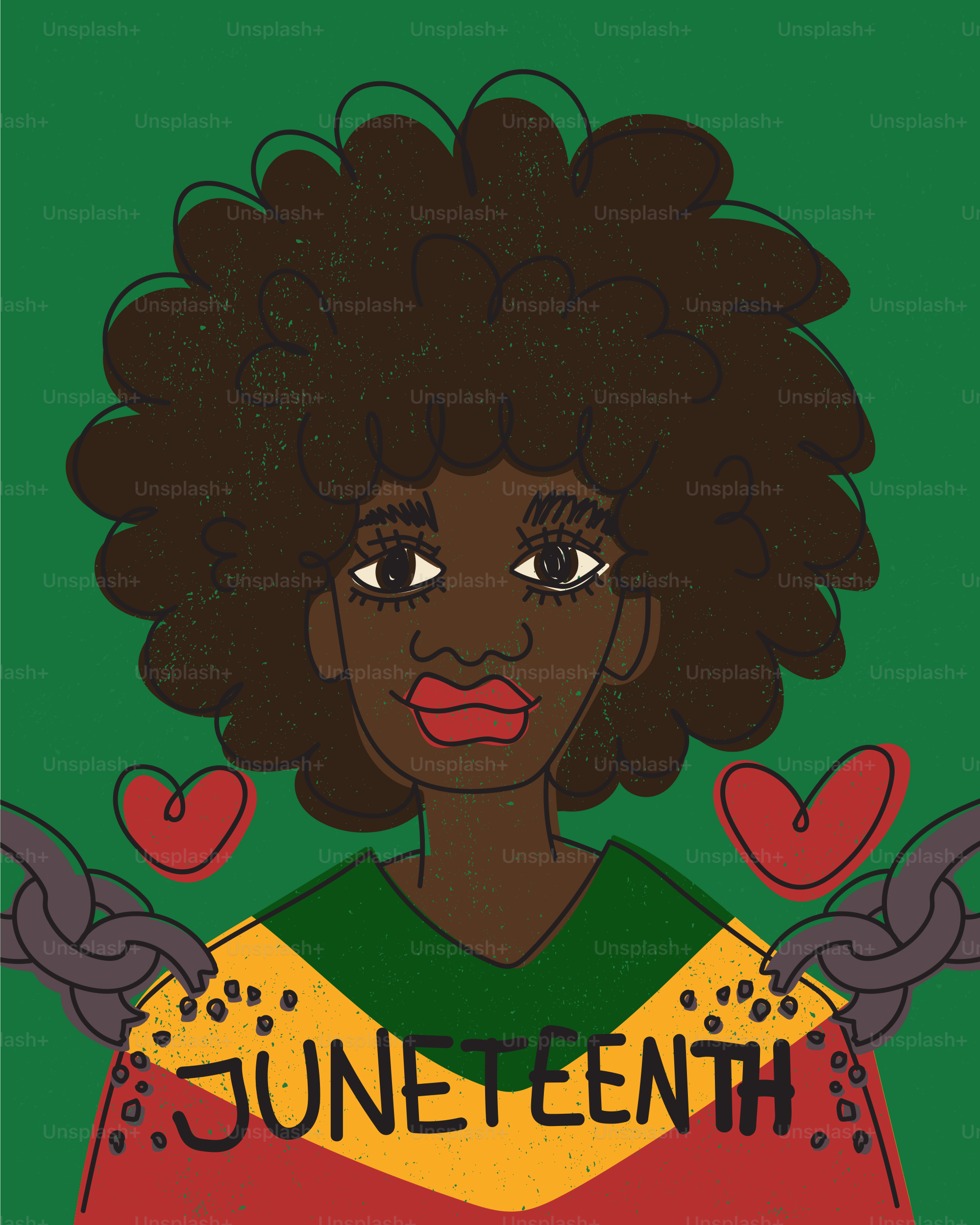 Mulher com afro e bandeira do Juneteenth, corações e correntes