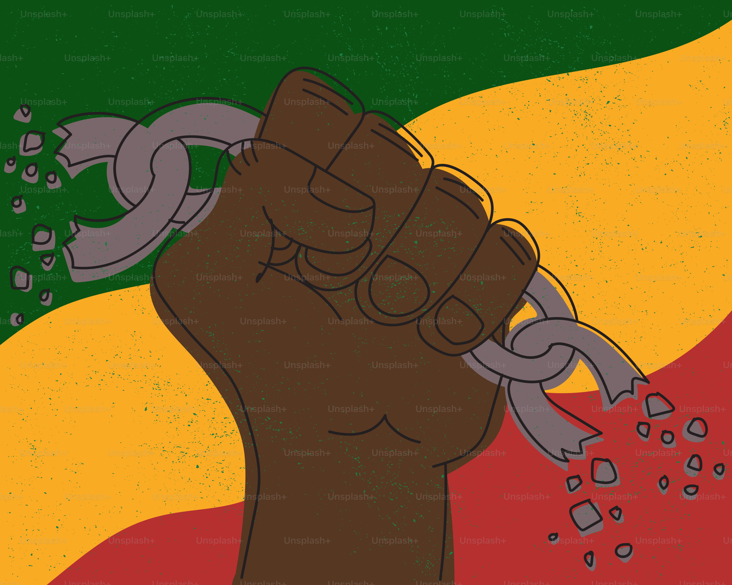 Punhos quebrando correntes com fundo de bandeira pan-africana