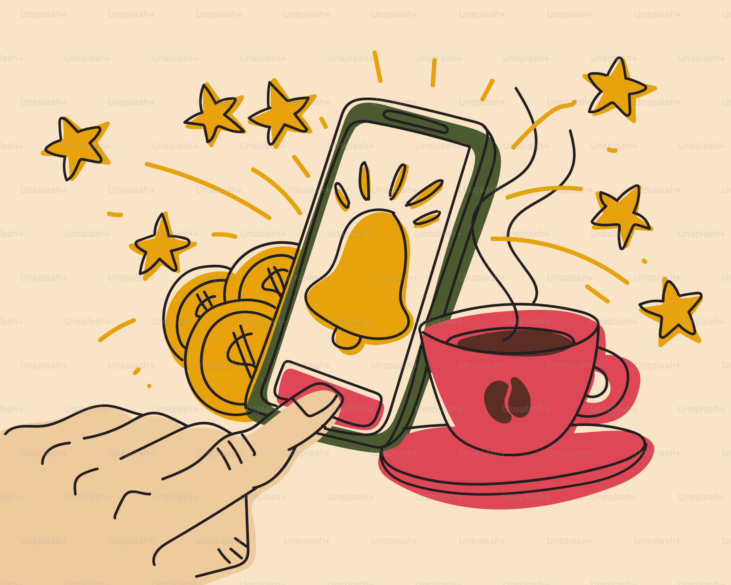 Tombol menekan tangan di ponsel dengan kopi dan bintang.