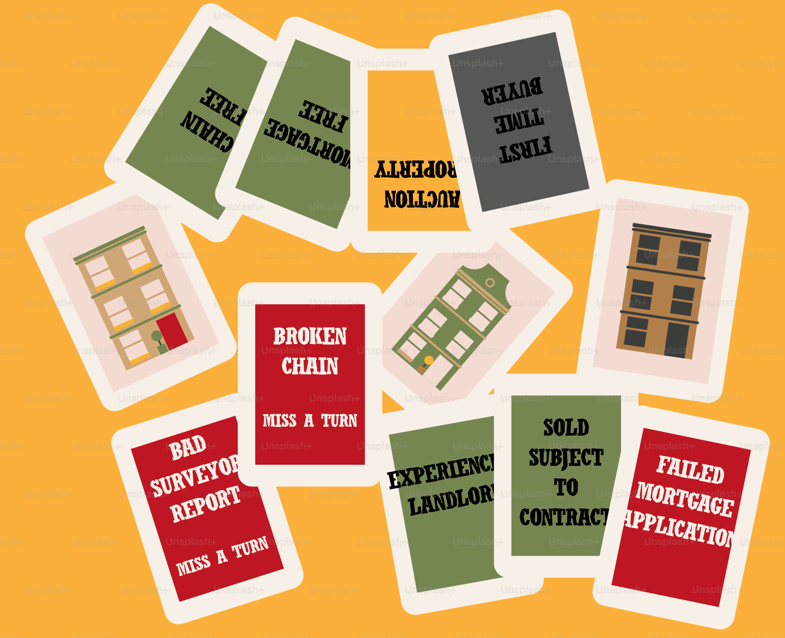 Property trading cards with real estate terms and buildings.