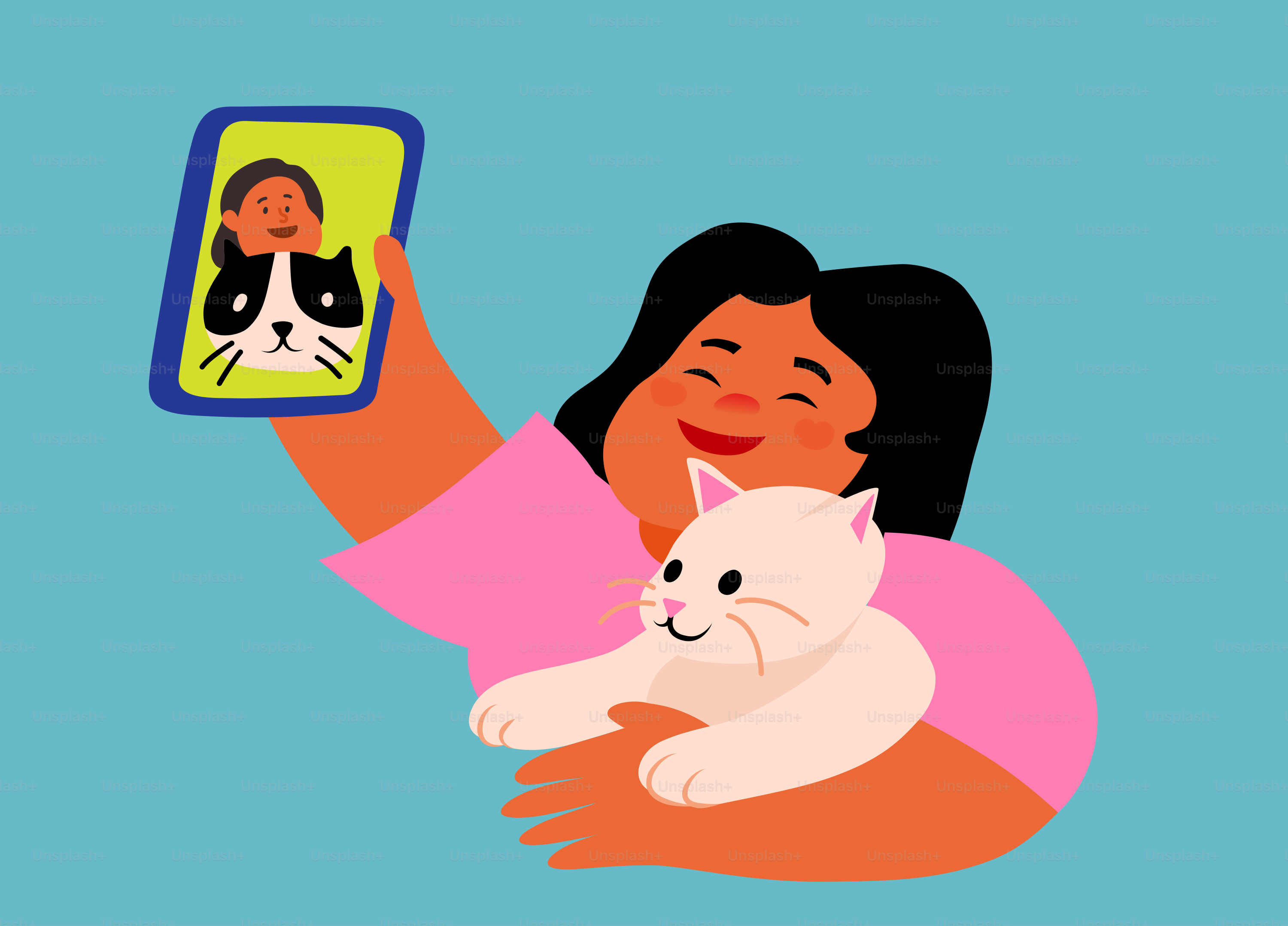 Mujer haciéndose un selfie con su gato y un amigo