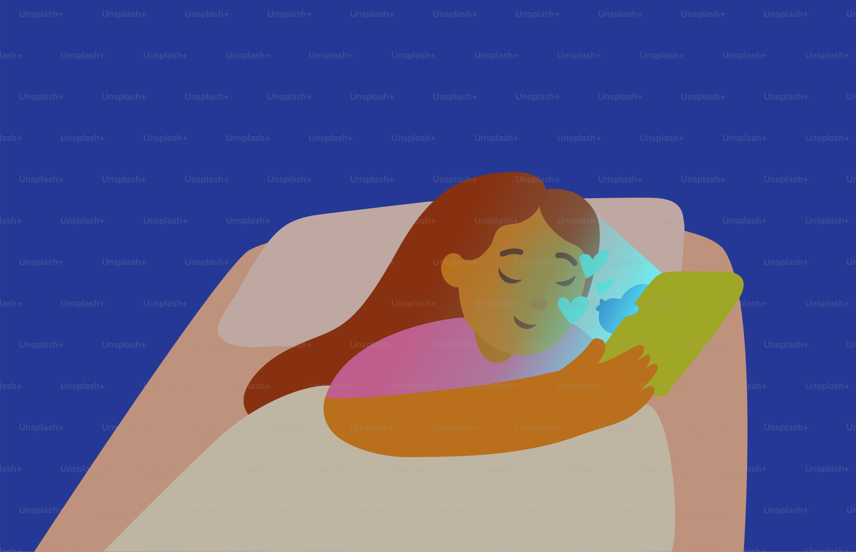 Mujer en la cama mirando la pantalla del móvil que brilla