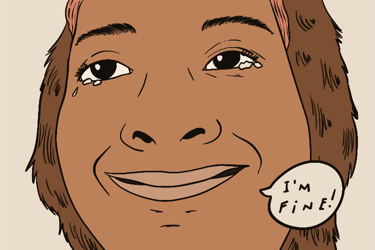 Un personnage de dessin animé pleurant mais souriant et disant « ça va ! »