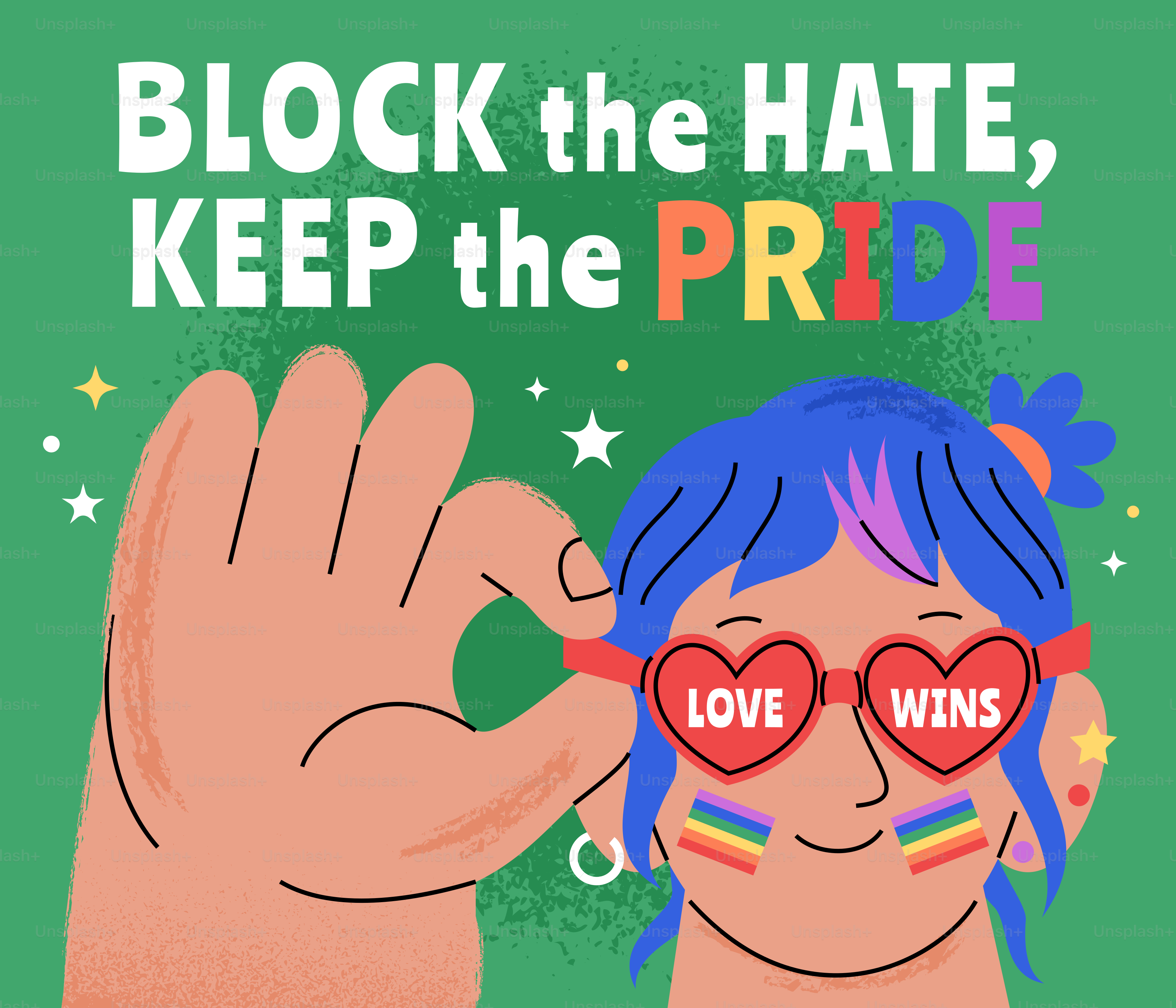 Block the hate, keep the pride with rainbow heart glasses.