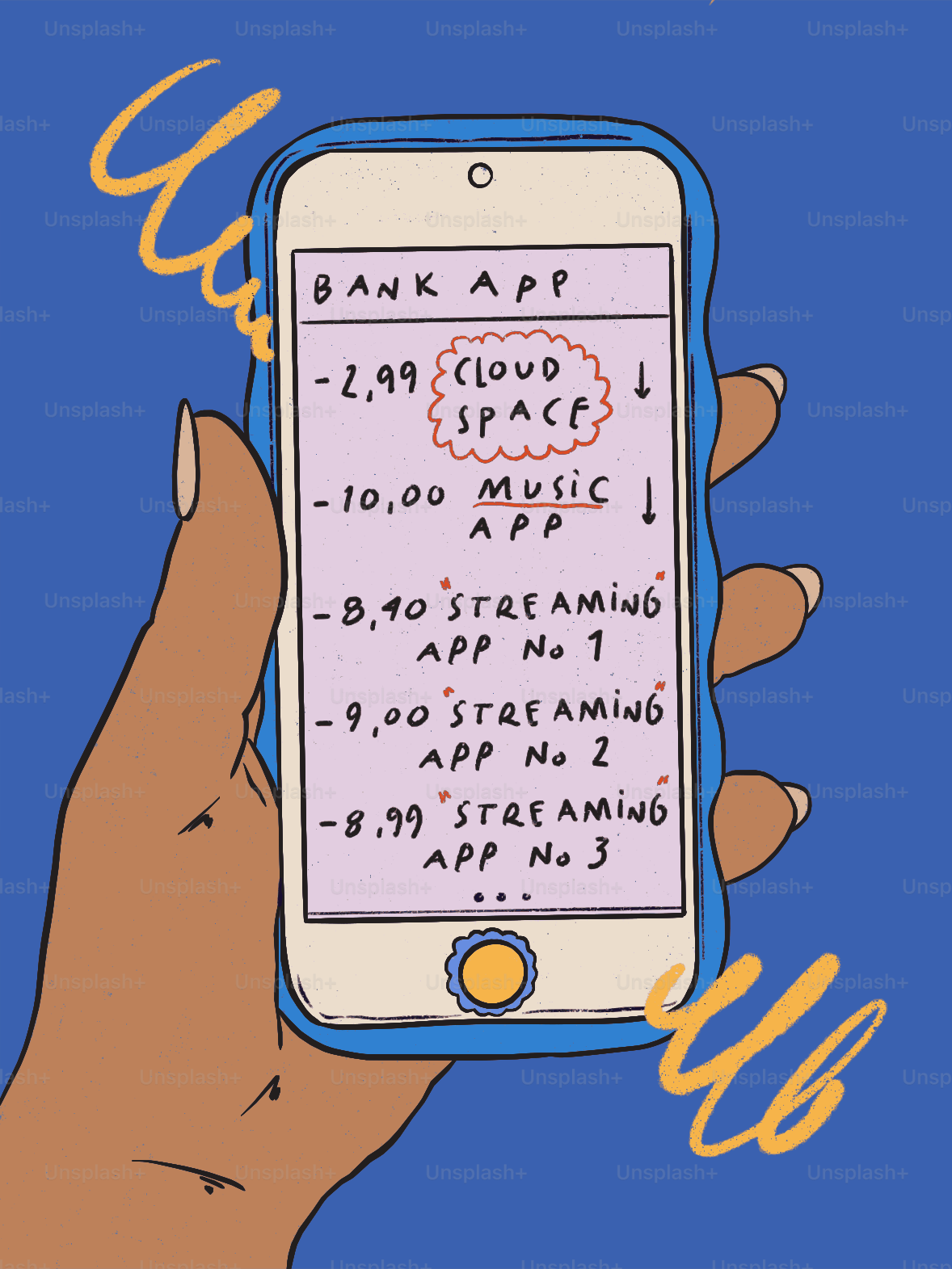 Hand holding phone showing bank app expenses